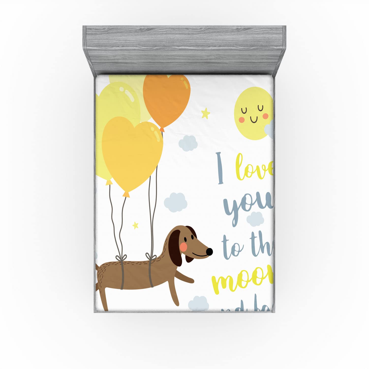 Ambesonne Dog Balloons Fitted Sheet, Queen Size - Blue Grey Yellow Cocoa for Pet Lovers Bedroom