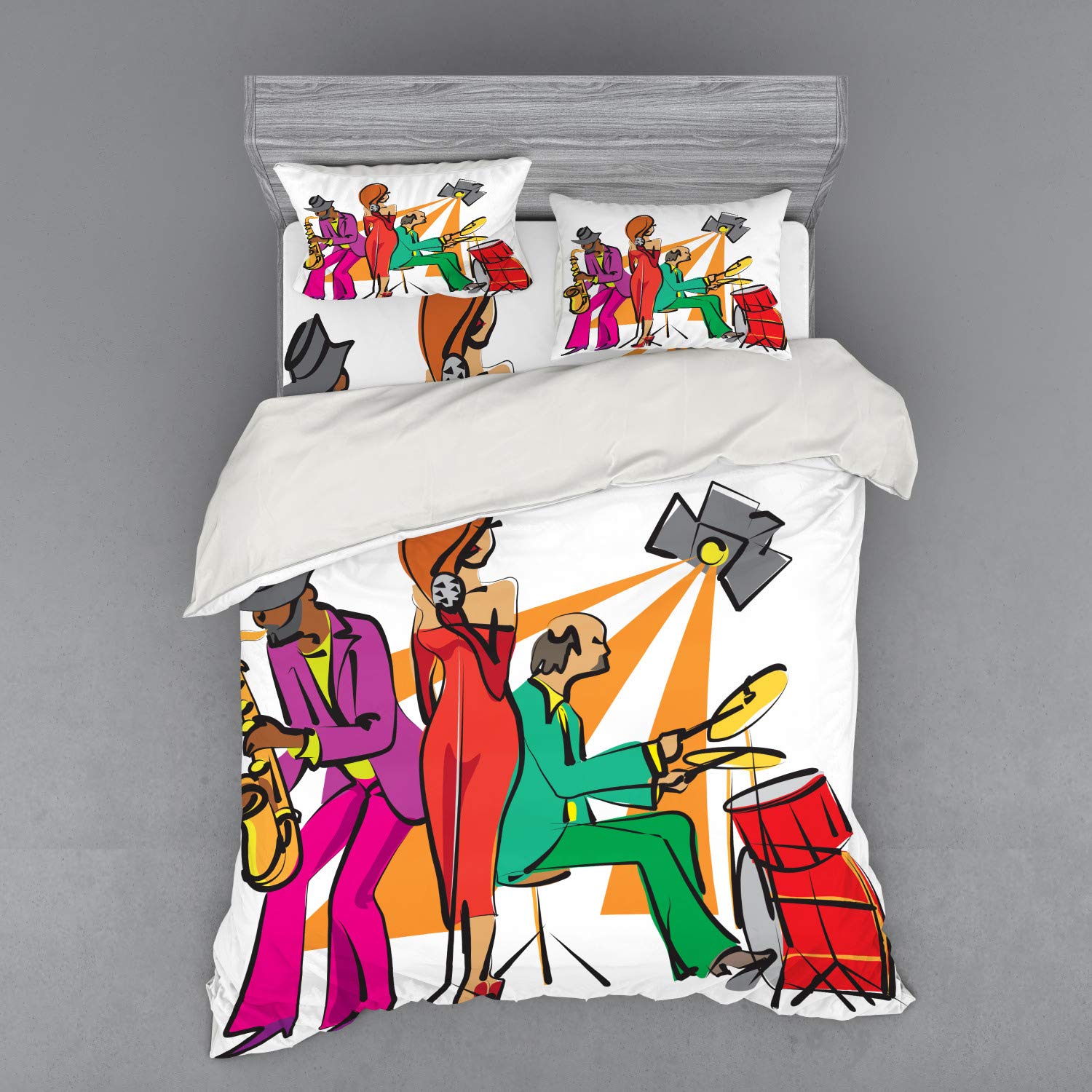 Ambesonne Music Themed 4-Piece Queen Bedding Set - Jazz Band & Neon Art Print Duvet Cover with Shams & Fitted Sheet | Perfect for Music Lovers' Bedrooms, Jazz Themed Decor & Bohemian Style Homes