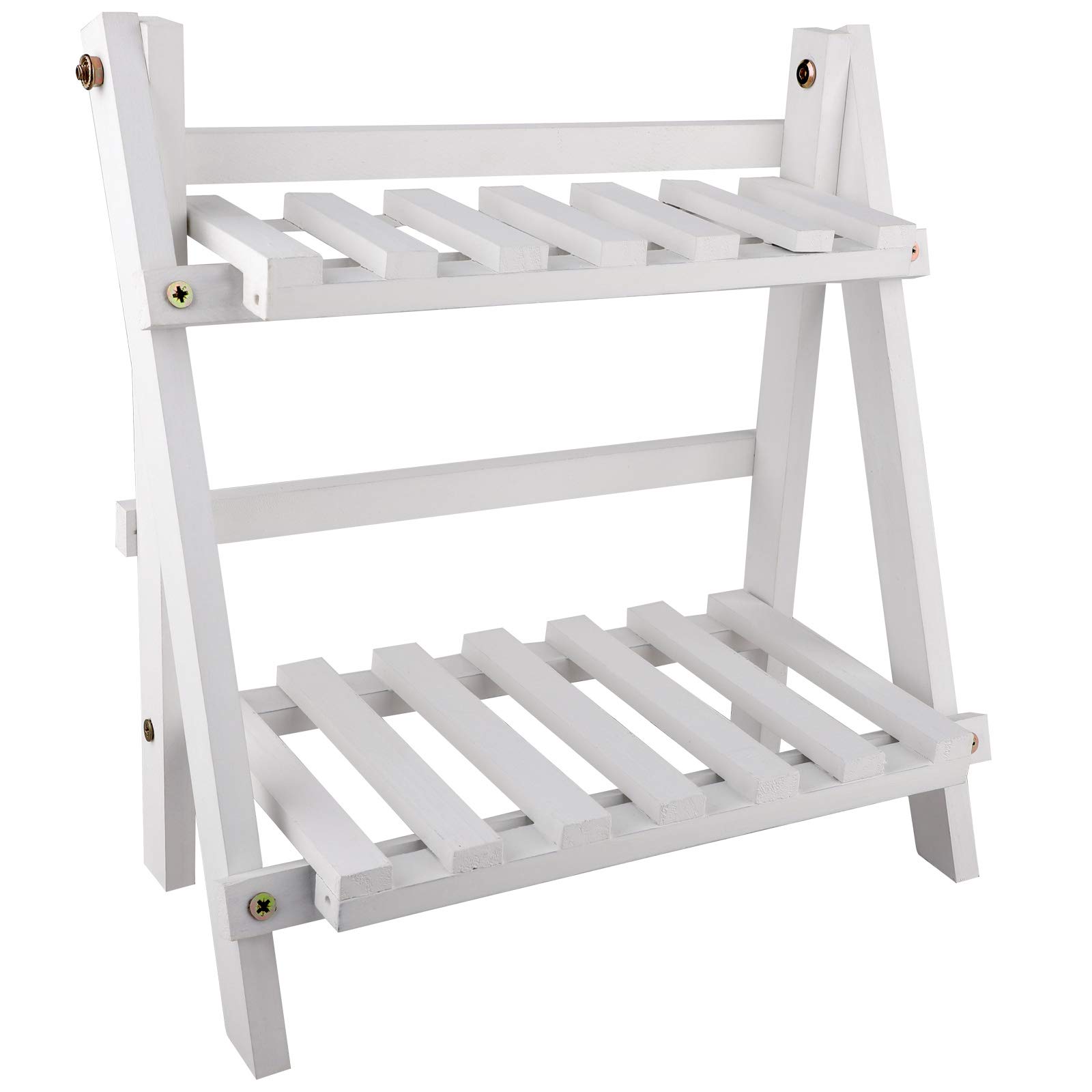 2-Tier White Wooden Plant Stand Shelf - Foldable Flower Pot Rack for Indoor & Outdoor Use | Balcony, Patio, Garden Decor | Mokyler Wood Plant Organizer Display
