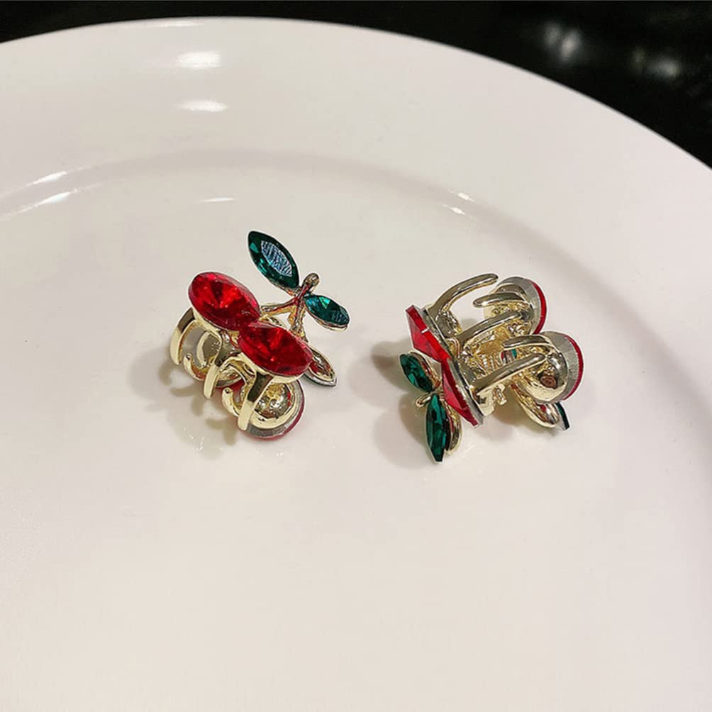 Minkissy 2pcs Mini Hair Claw Clips - Crystal Cherry Hair Clips, Alloy Metal Jaw Clamps for Women | Hair Grip, Barrette, Hairpins | Perfect for Updos, Ponytails & Everyday Styling