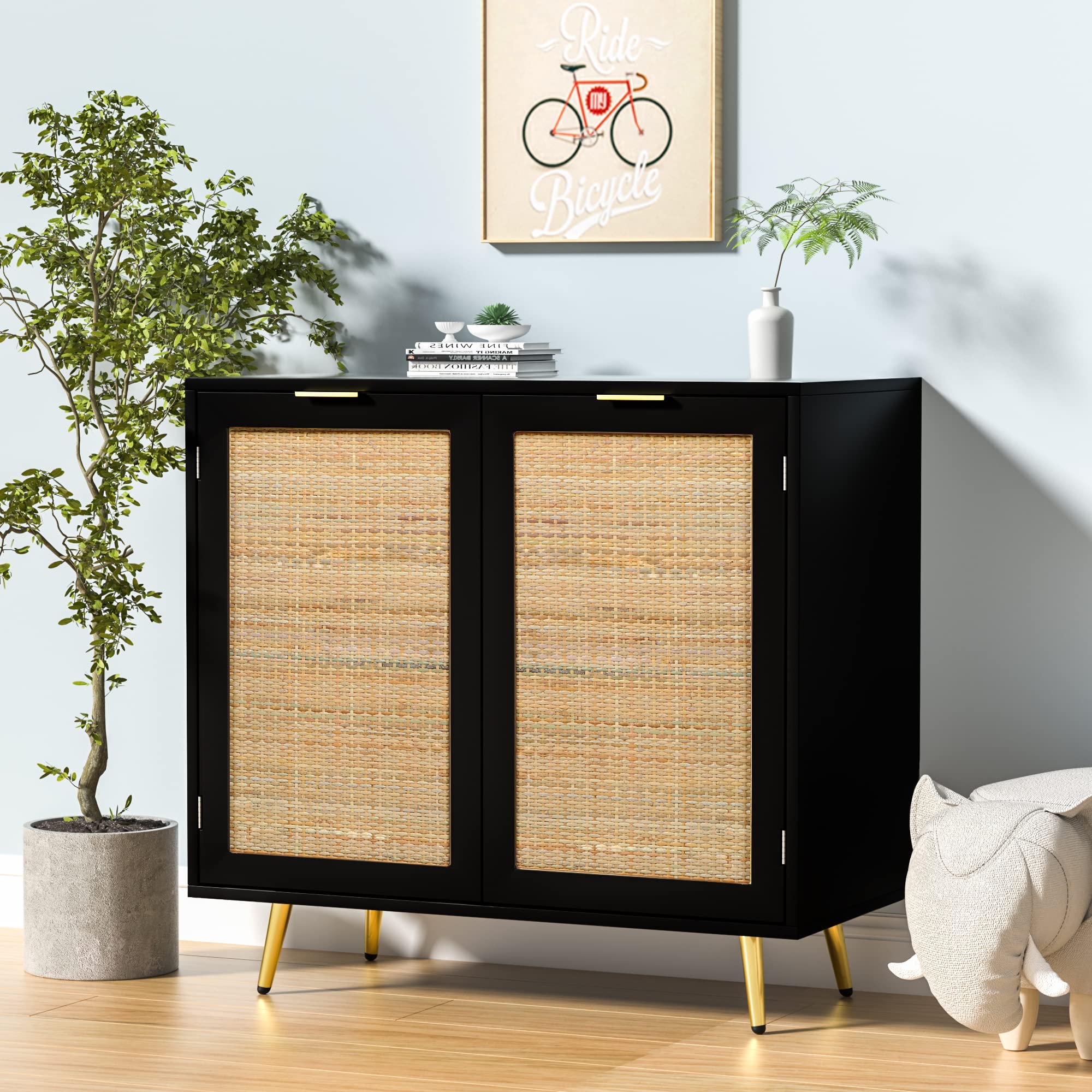 Modern Black Rattan Sideboard Buffet Cabinet with 2 Doors & Adjustable Shelf - Storage Cabinet for Living Room, Kitchen, Hallway - Perfect for Home Decor, Dining Room Storage & Entryway Organization (H0060)
