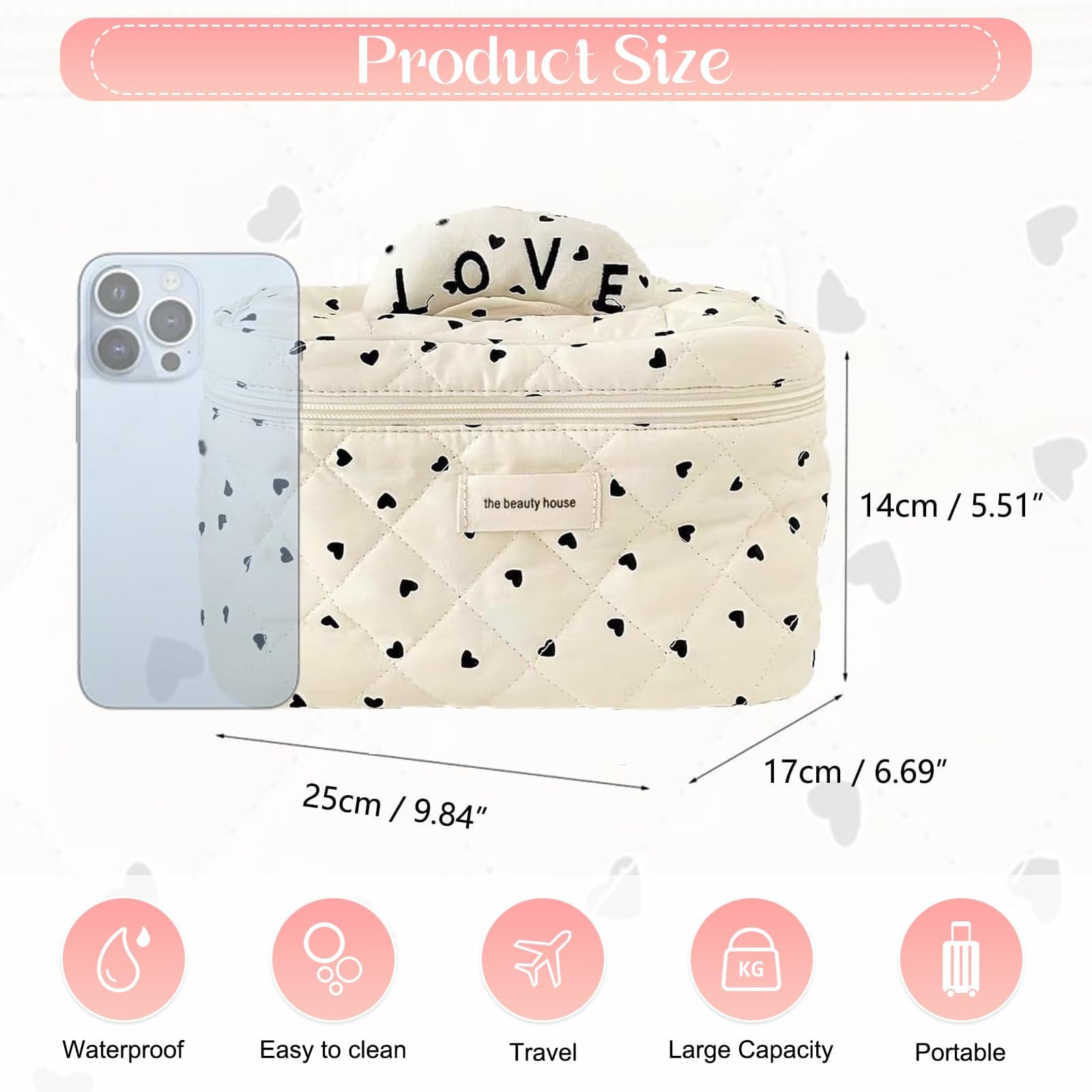 Quilted Makeup Bag for Women - Large Heart Pattern Cosmetic Organizer, Soft Cotton Toiletry Travel Bag with High Capacity (Black) | Perfect for Travel, Gym, and Daily Cosmetics Storage