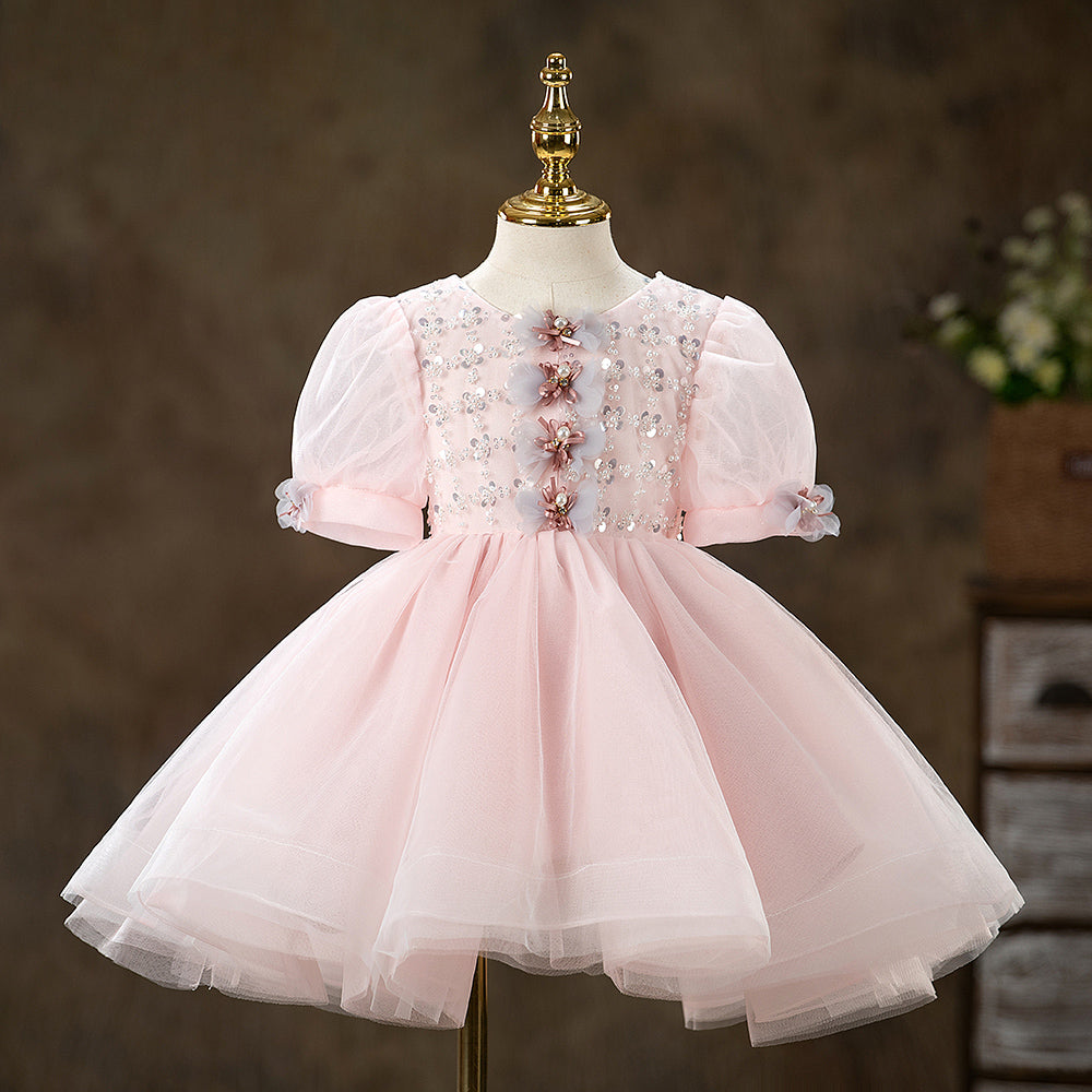 Pink Tulle Flower Girl Dress with Sequins & Lantern Sleeves - Elegant First Communion, Birthday Party & Wedding Attire for Toddlers
