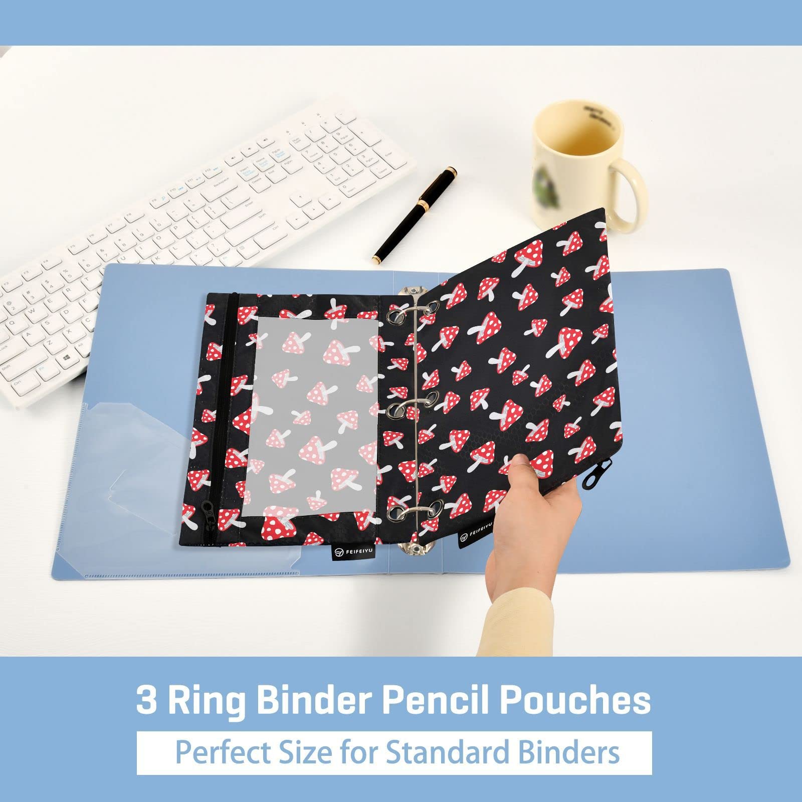 ALAZA 2PCS Cartoon Forest Red Mushrooms Pencil Pouch for 3 Ring Binder - Clear Window Zipper Pencil Case & Cosmetic Bag for Office, College School Supplies - Perfect for Organizing Pens, Makeup & Stationery in Classroom or Work