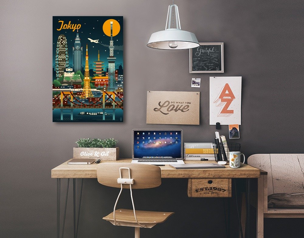 Lantern Press Tokyo Japan Retro Skyline Wall Art - 16x24 Wrapped Canvas Print for Home & Office Decor - Perfect for Living Room, Bedroom or Gift