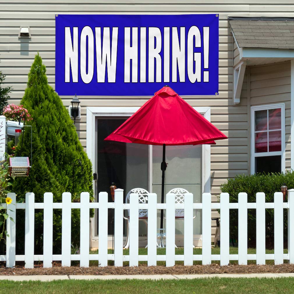 Now Hiring Vinyl Banner - 48x96 Inches Weatherproof Outdoor Business Sign with 8 Grommets (Blue & White) - Durable Yard & Industrial Use for Job Fairs, Construction Sites & Storefronts