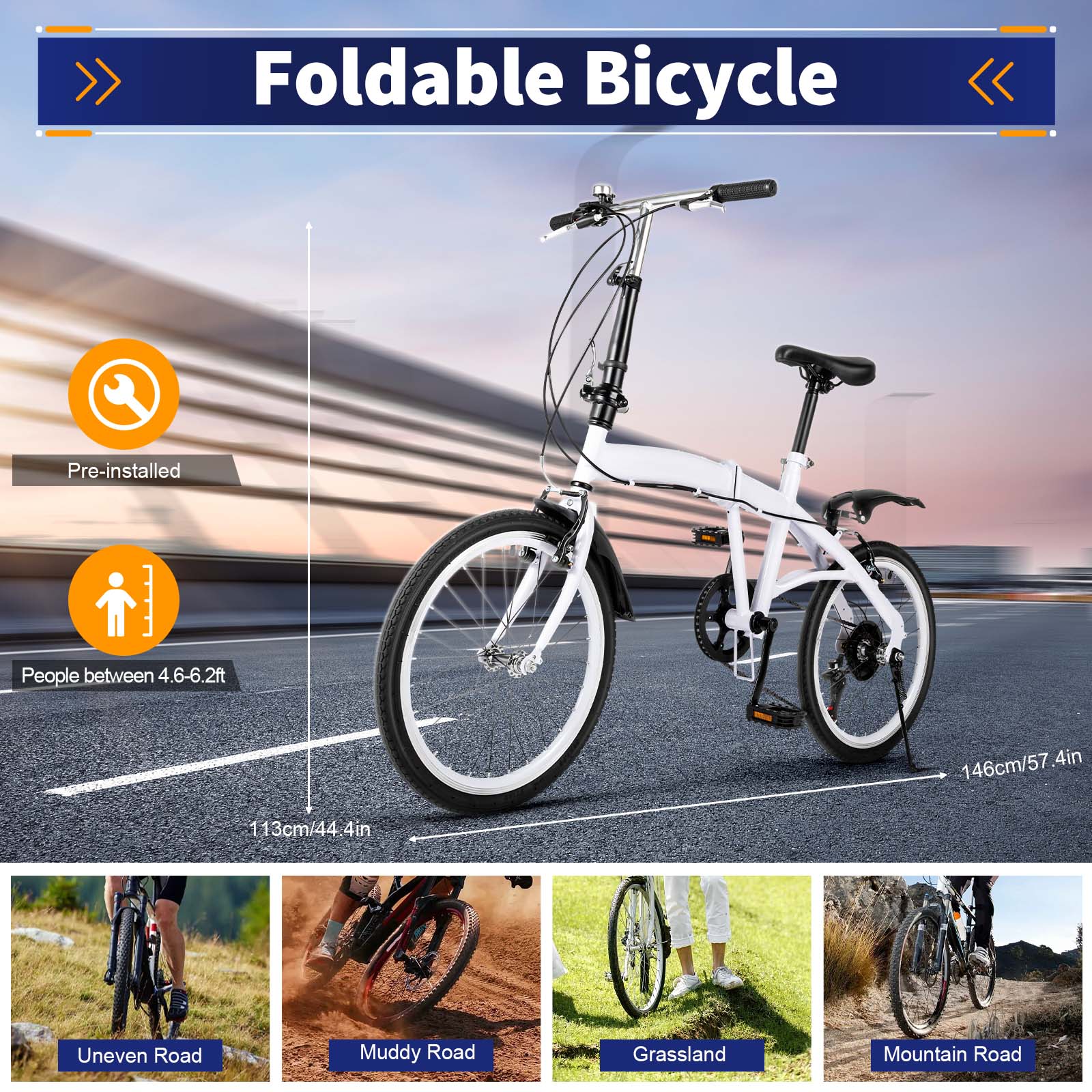 20 Inch Folding Bike for Adults - 6 Speed Shifter, Carbon Steel Frame, Portable & Lightweight Road Bike - Adjustable Height for Men & Women - Perfect for Commuting, Travel & Urban Riding