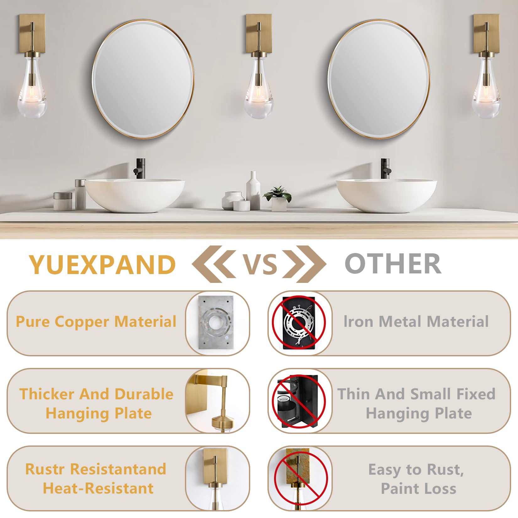 Set of 2 Brass Raindrop Wall Sconces - Hand Blown Solid Glass Wall Lighting Fixtures with Bulbs Included | Indoor Kitchen Decor Lamps for Bedroom, Living Room & Vanity | Perfect for Ambient Lighting & Home Decoration