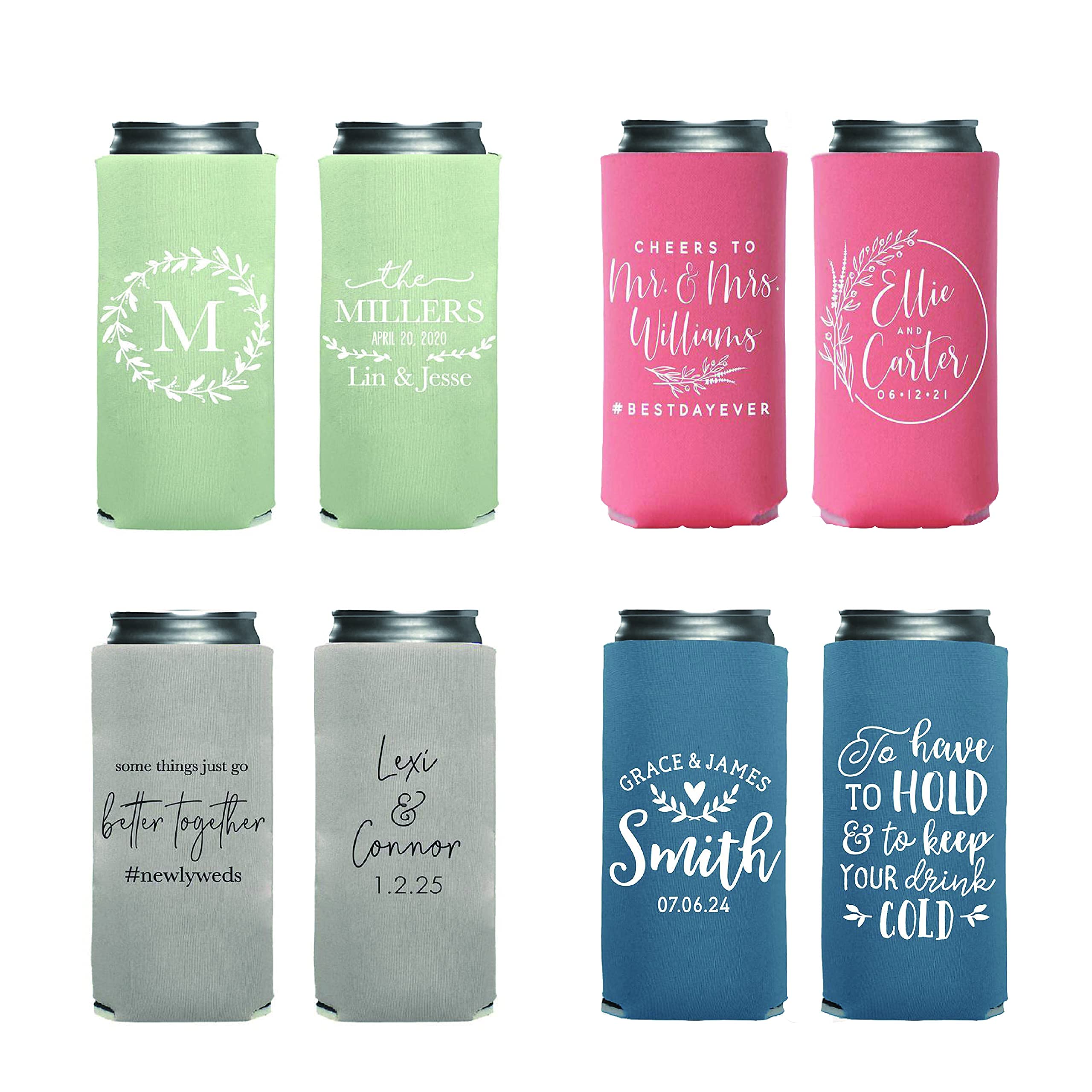 Personalized 12oz Slim Can Coolers - Custom Wedding Favors & Bachelorette Party Gifts - Monogram Beer Can Holders (Set of 5) - Perfect for Bridal Showers, Anniversary Celebrations & Outdoor Events