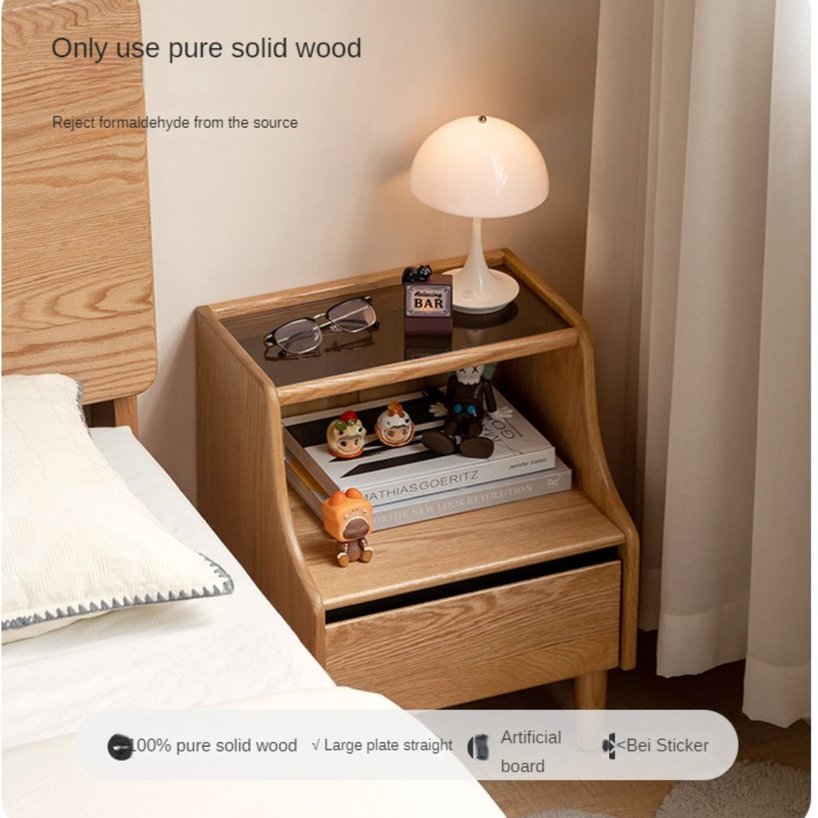Solid Oak Wood Nightstand with Glass Top - Modern Bedside Table for Bedroom, Living Room, or Office