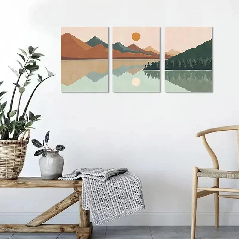 3-Piece Abstract Sun Mountain Forest Lake Metal Wall Art - Ready to Hang Landscape Prints for Living Room, Bedroom & Office Decor