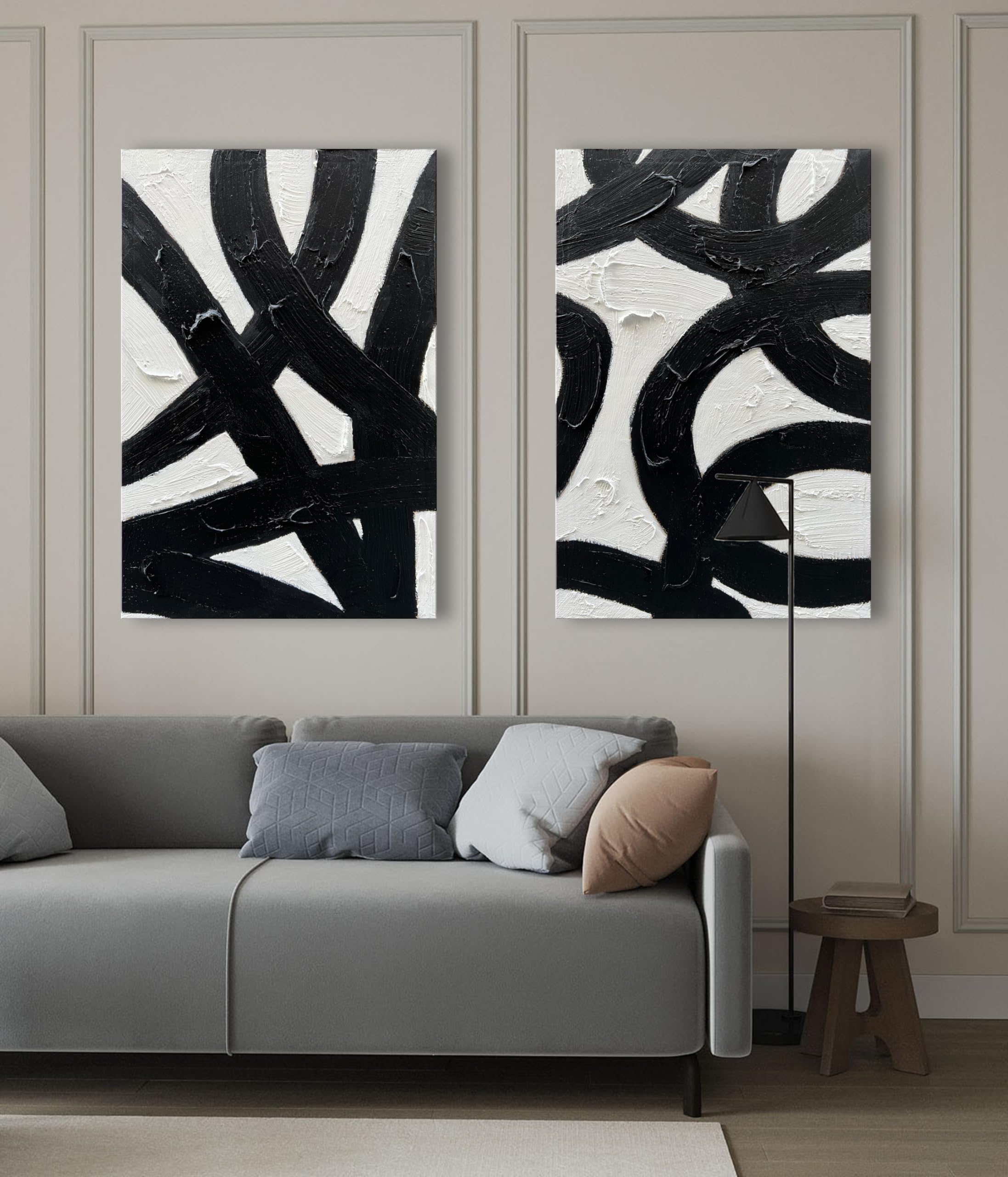 Modern Abstract Black & White Oil Painting - Minimalist Textured Wall Art Set (36x24 Inches, 2 Panels) - Perfect for Living Room, Bedroom & Office Decor