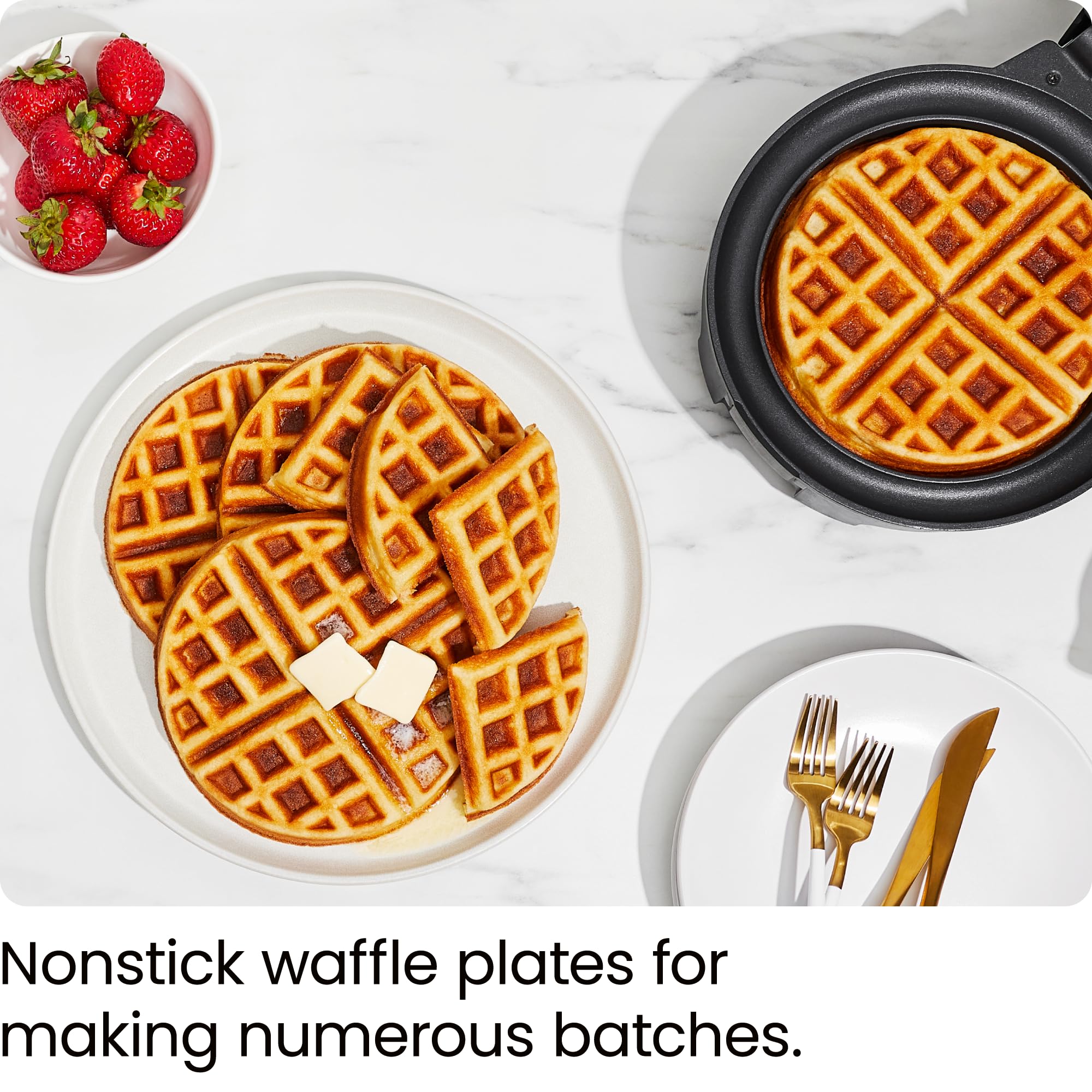 Chefman Anti-Overflow Belgian Waffle Maker with Shade Selector & Temperature Control - Nonstick Round Plates, Cool-Touch Handle, Measuring Cup - Black Stainless Steel - Perfect for Breakfast, Brunch & Family Gatherings