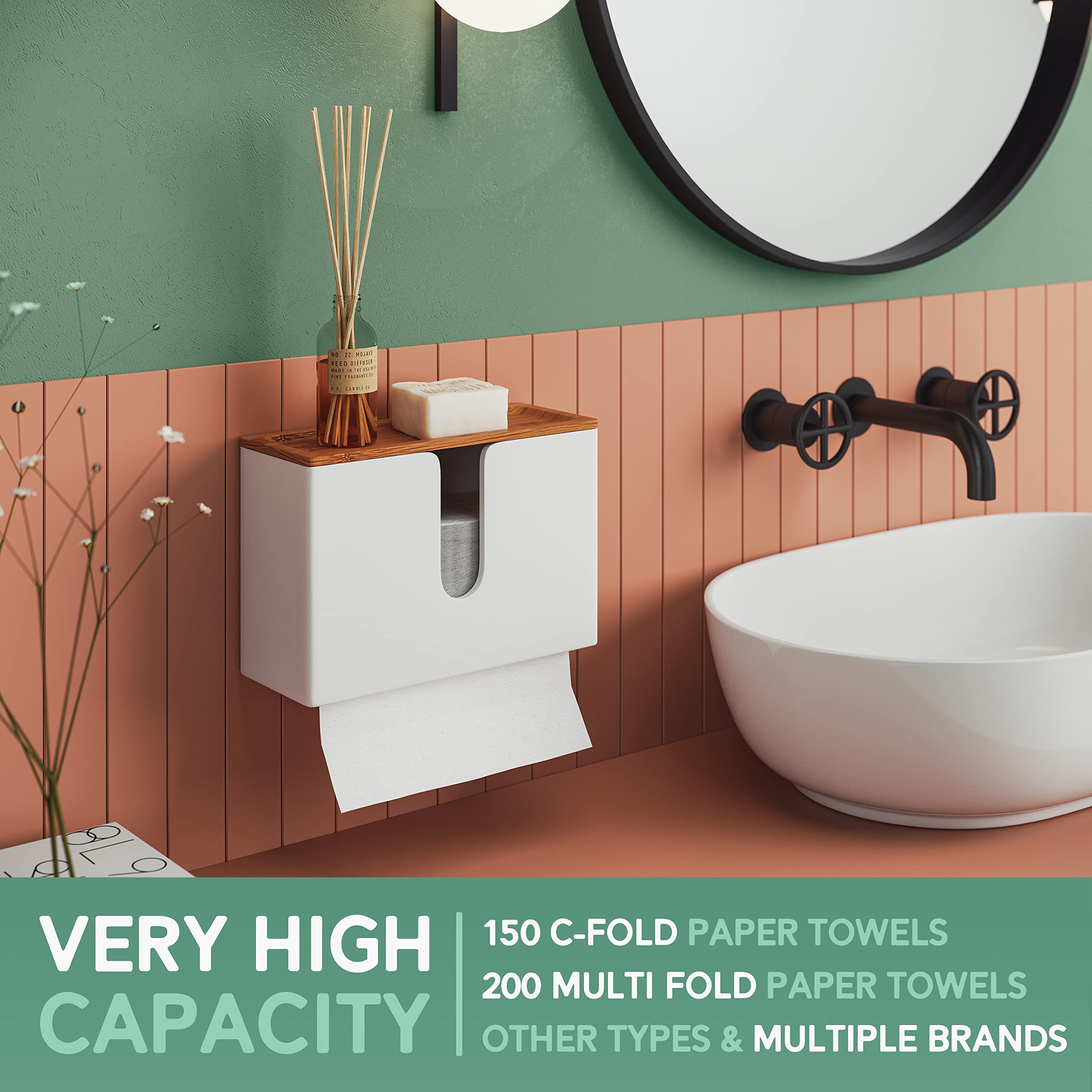 Premium Bamboo Paper Towel Dispenser - Wall Mount & Countertop Holder for C-Fold/Z-Fold/Tri-Fold Towels - Removable Top Tray for Kitchen, Bathroom & Commercial Use - Eco-Friendly White Towel Organizer - Perfect for Restaurants, Offices & Home Decor