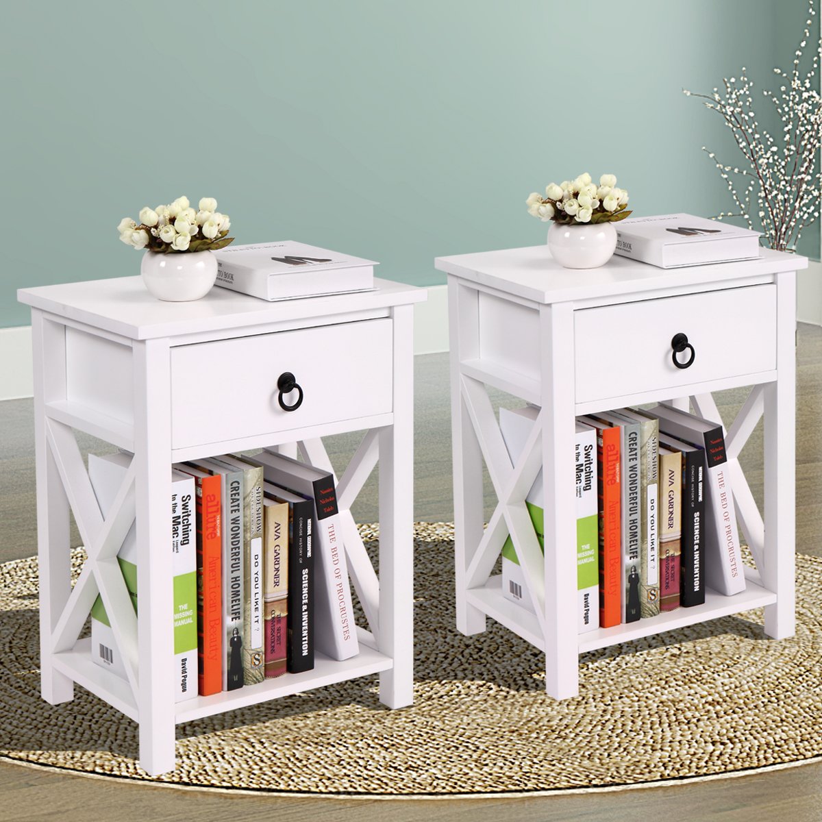 Modern White X-Design End Table Set of 2 - Wooden Nightstands with Storage Shelf & Drawer for Living Room, Bedroom, Office - Perfect for Small Spaces, Apartment Decor & Guest Room Furniture