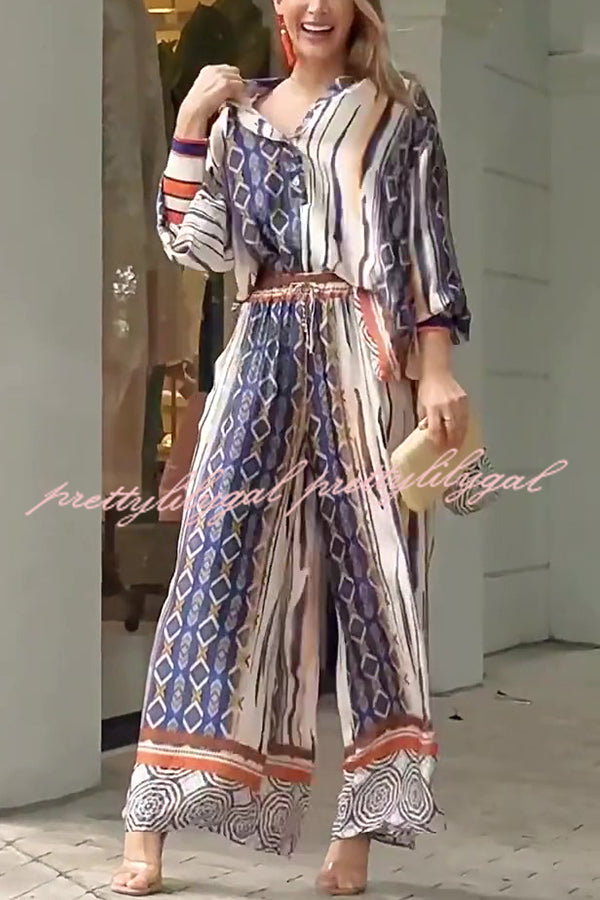 Stylish Printed Long Sleeve Shirt & Elastic Waist Loose Pocket Pants Set - Casual Outfit for Women | Perfect for Work, Travel and Everyday Wear