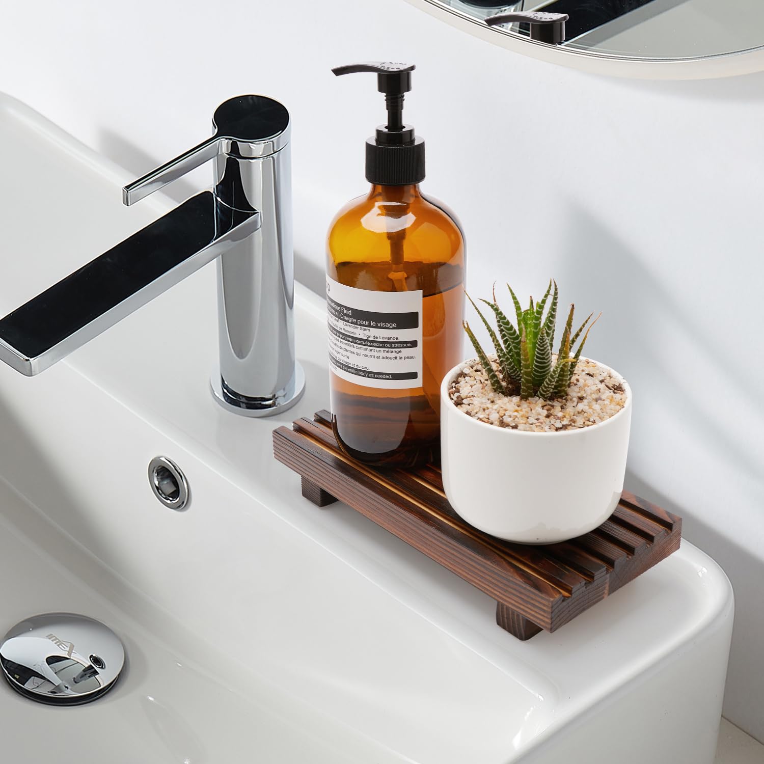 Wooden Soap Tray for Kitchen & Bathroom - Farmhouse Style Countertop Soap Dish Holder with Wooden Riser - Perfect for Bathroom Vanity, Kitchen Sink, and Farmhouse Decor Accessories