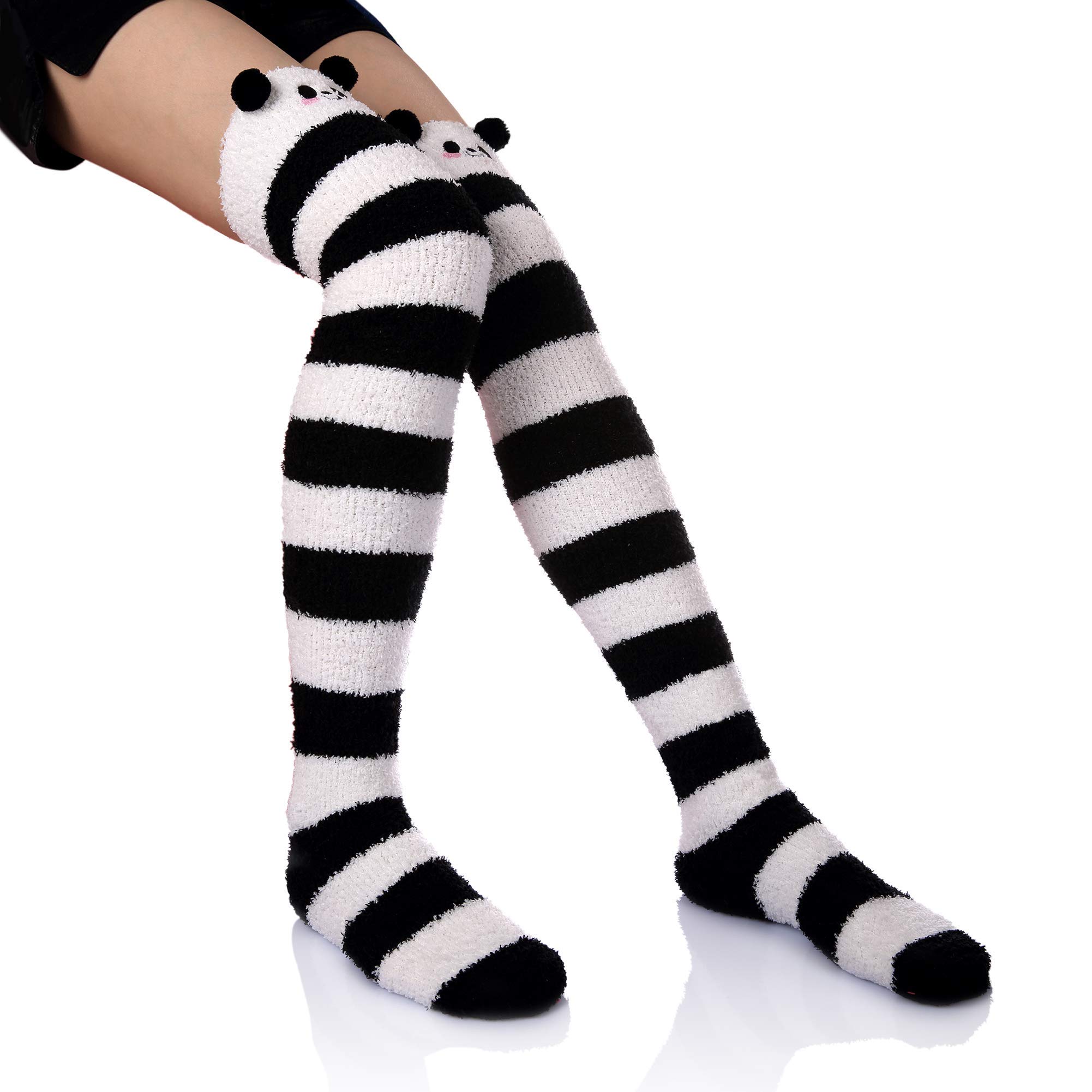 Wander G Women's Over Knee High Fuzzy Socks - Cute Cartoon Thigh High Stockings with Warm Stripes - Perfect for Winter, Lounge Wear, and Gift Giving
