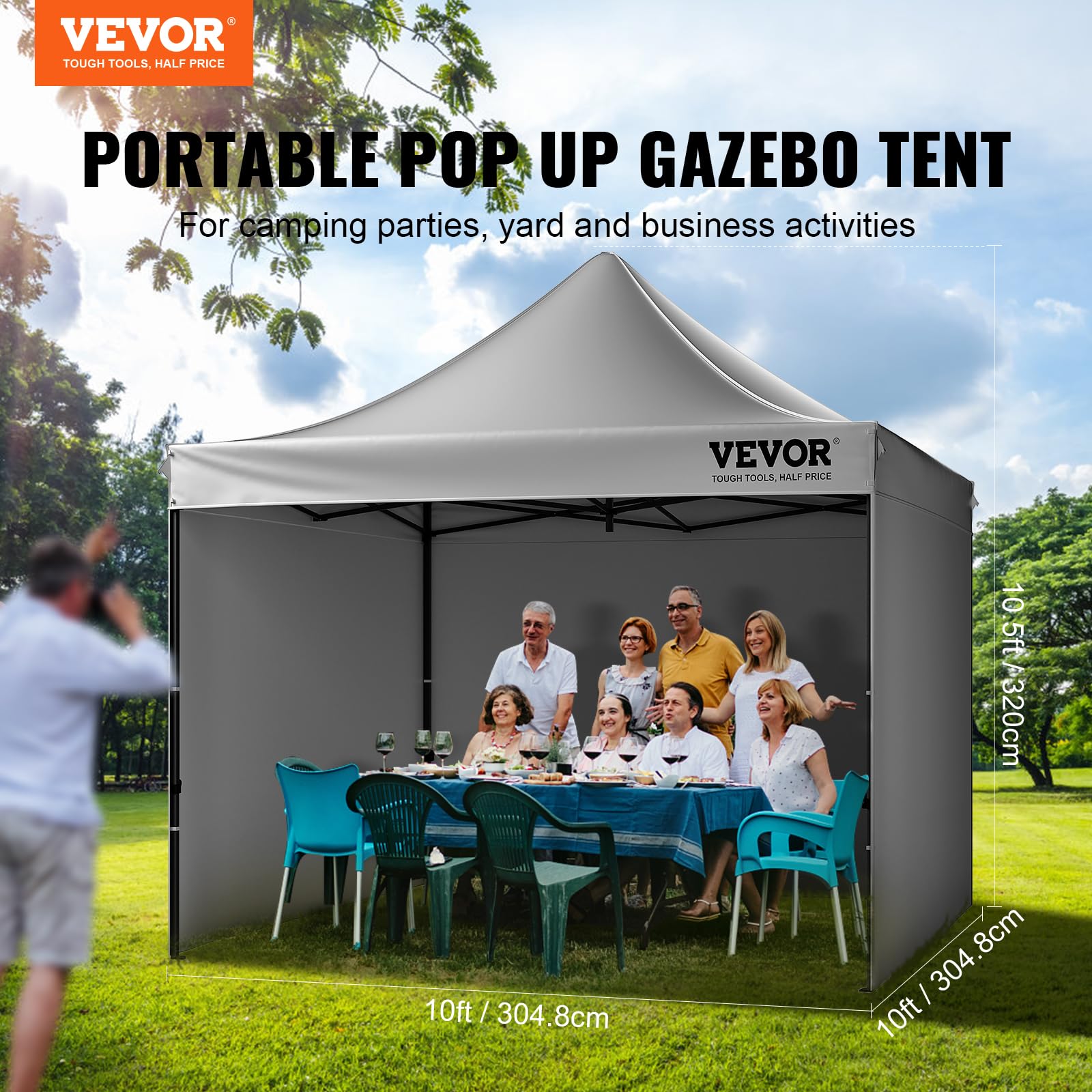 VEVOR 10x10 FT Pop Up Canopy Tent with Removable Sidewalls & Wheeled Carry Bag - UV Protection Waterproof Instant Shelter for Outdoor Events, Backyard Parties, Camping, Beach, Farmers Market, and Tailgating