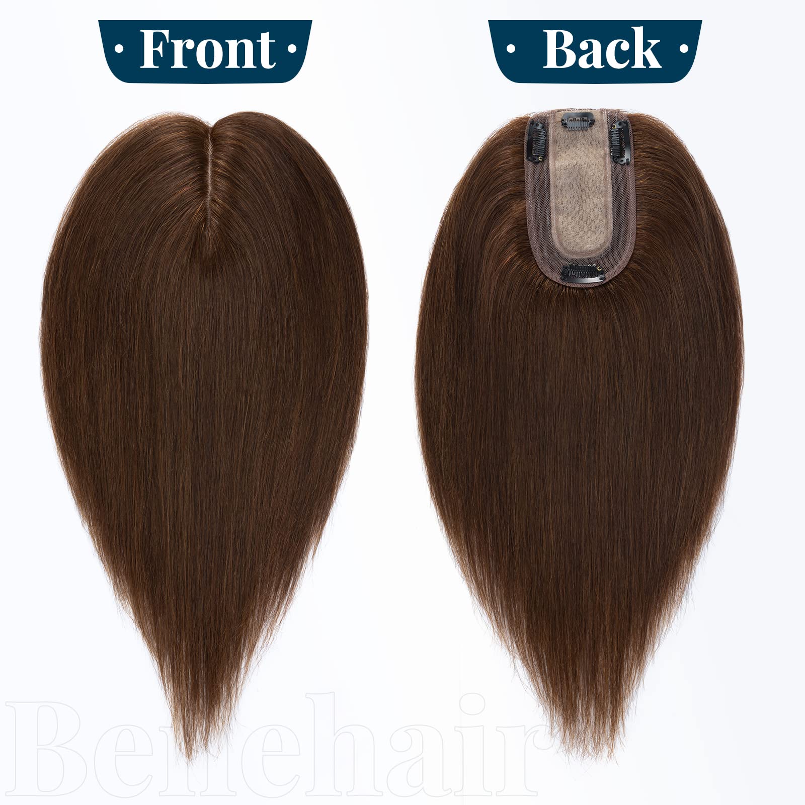 Benehair Clip-in Human Hair Topper for Women - 14 Inch Silk Base Hairpiece with Thinning Hair Solution, Remy Human Hair Extensions, Medium Brown (#04) - Perfect for Daily Wear, Special Occasions & Hair Volume Enhancement