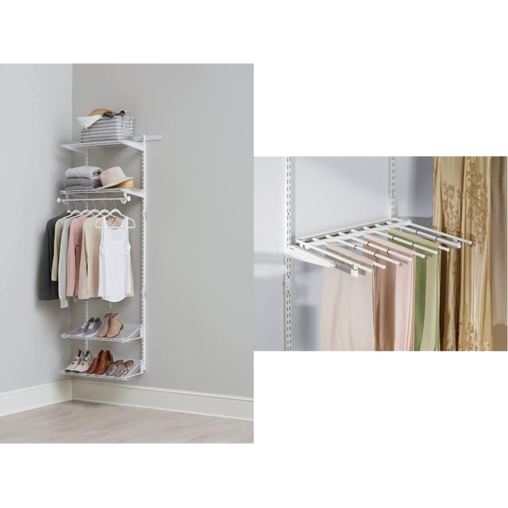 Rubbermaid Expandable Closet Shelf Kit (2-4 Feet) & Pants Rack Organizer - White, Holds 7 Pairs, Non-Slip Design for Closet Storage & Organization - Perfect for Small Spaces, Walk-in Closets, and Home Organization