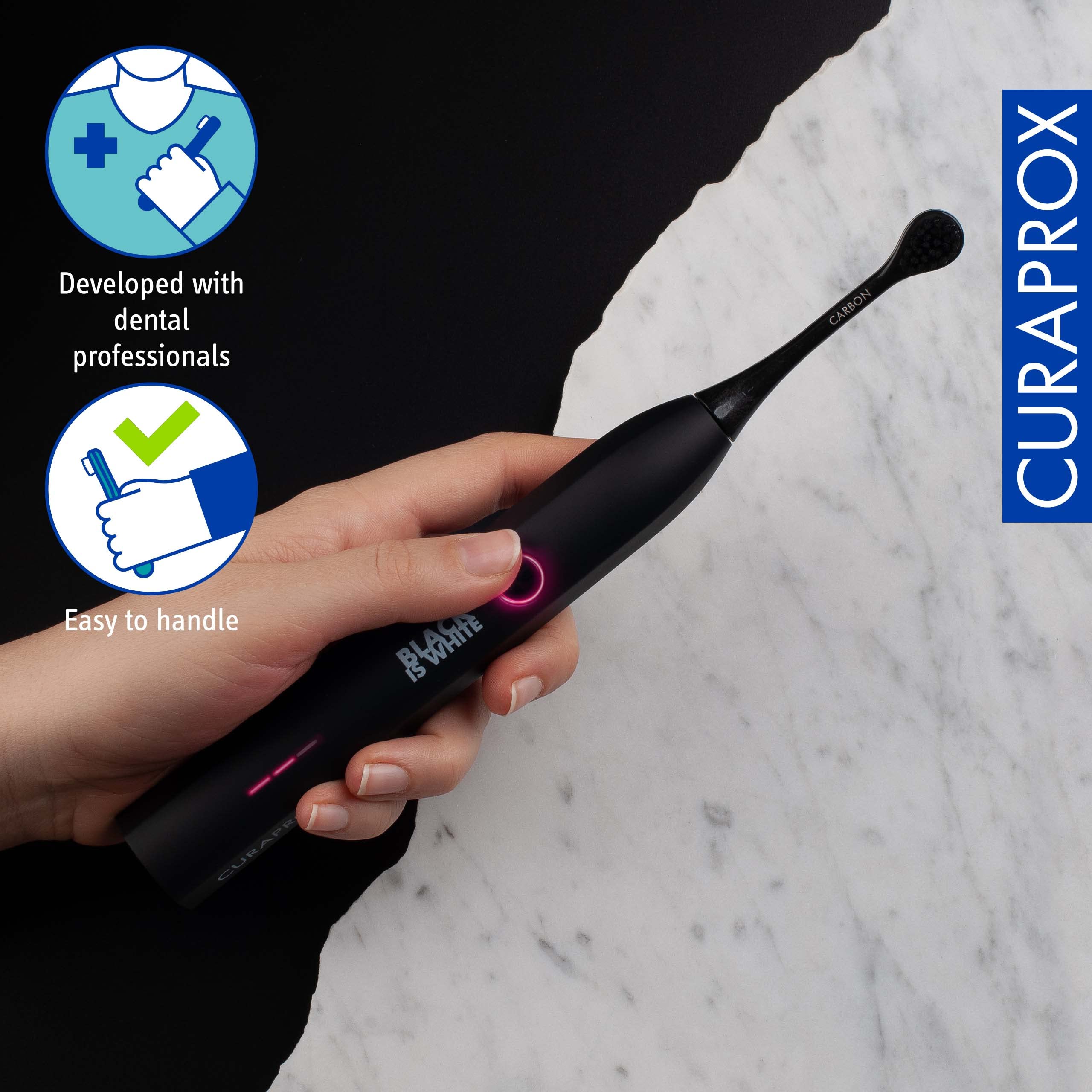 Curaprox Black is White Hydrosonic Electric Toothbrush with 2 Brush Heads, USB Charger & Travel Case - Professional Teeth Cleaning for Home & Travel Use