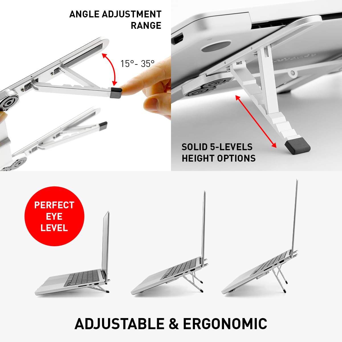 Ergonomic Aluminum Laptop Stand - Foldable & Adjustable with 5-Level Height, Heat Dissipation, Non-Slip Base for 11-16 Inch Laptops - Perfect for Gaming, Office Work, Home Use & Travel Accessories