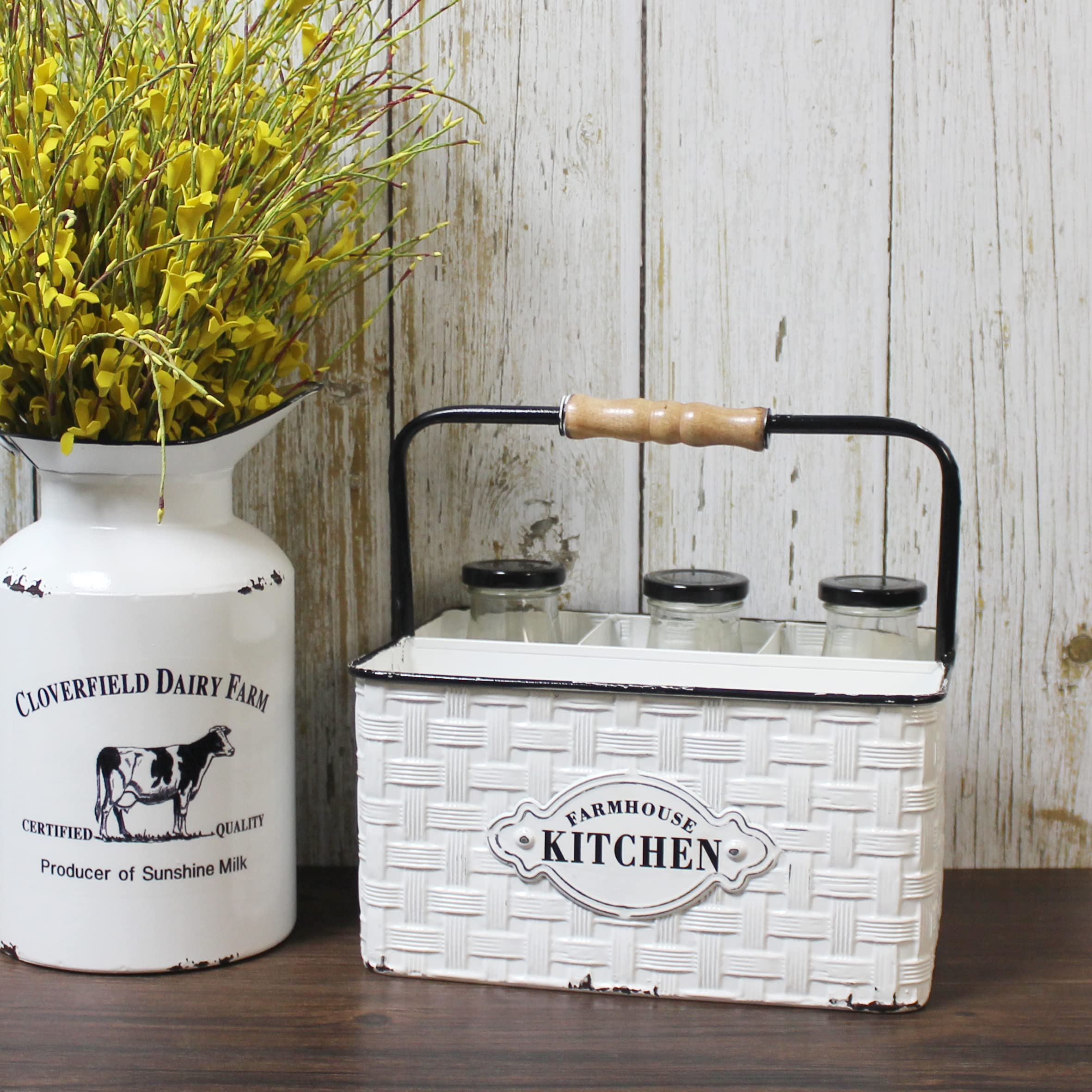 Rustic Distressed Metal Silverware Organizer - Enamel Finish Utensil Caddy with Wood Handle & 4 Compartments | Flatware Holder & Tabletop Organizer for Kitchen, Dining Room, or Restaurant | White Home Decor