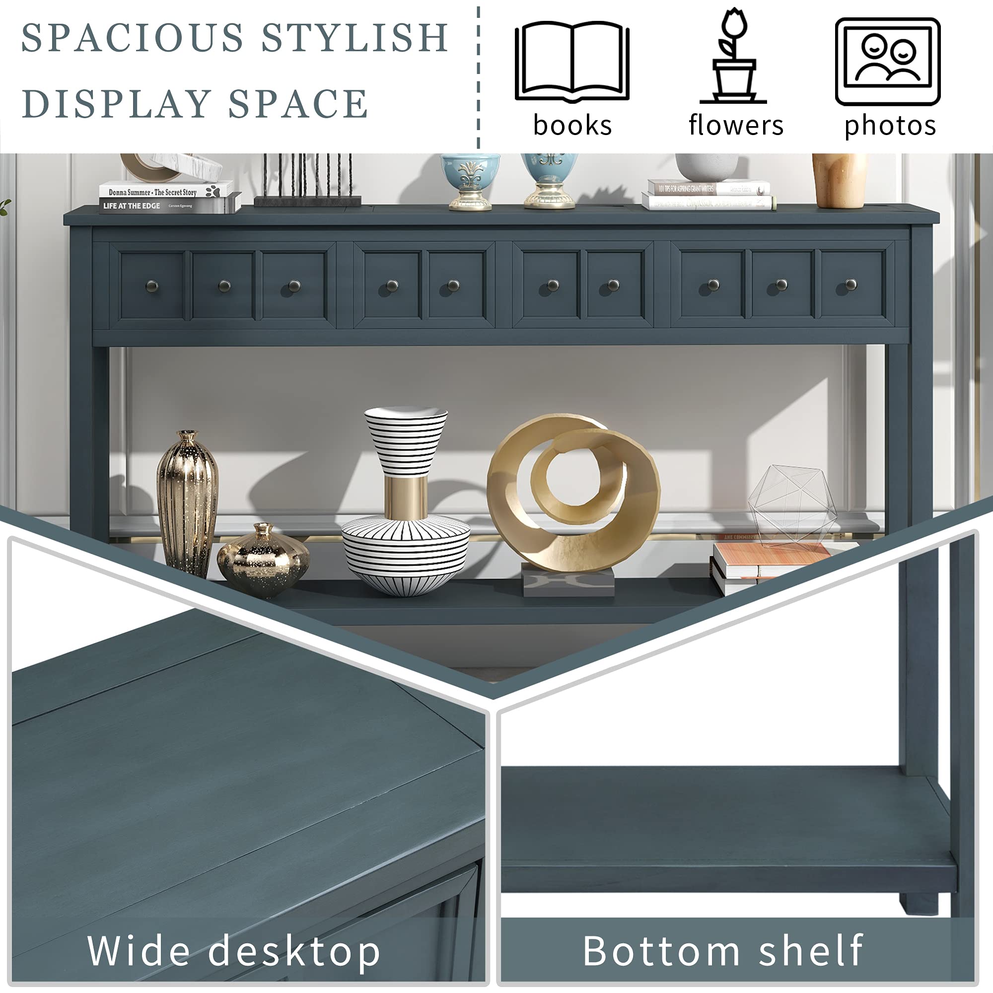 Distressed 4-Drawer Entryway Console Table with Open Shelf - Solid Wood Frame, 220lbs Capacity (60