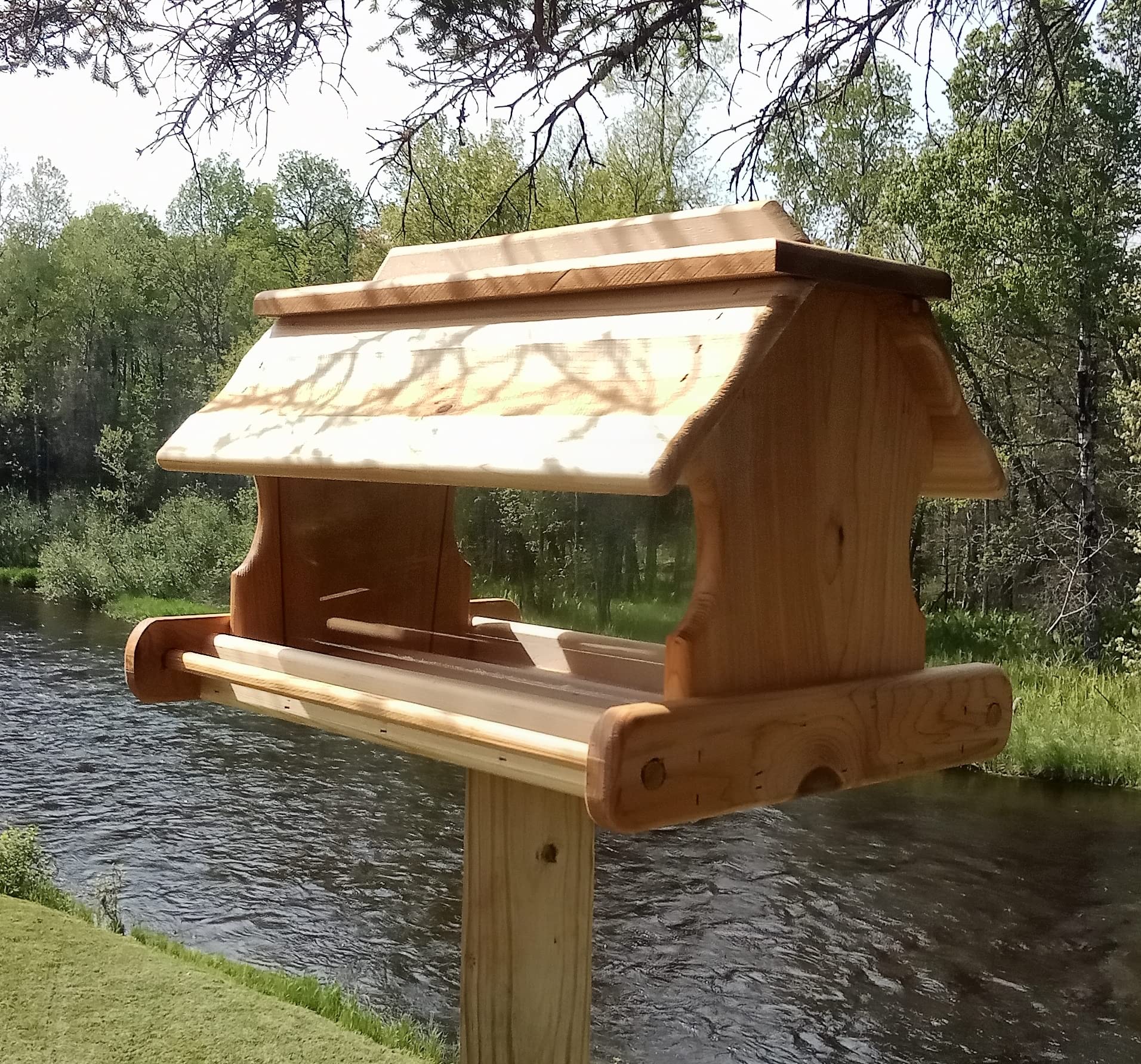 20 Inch Cedar Wood Post Mount Bird Feeder - Durable Outdoor Bird Feeder for Garden, Yard & Backyard - Attracts Cardinals, Finches & Wild Birds