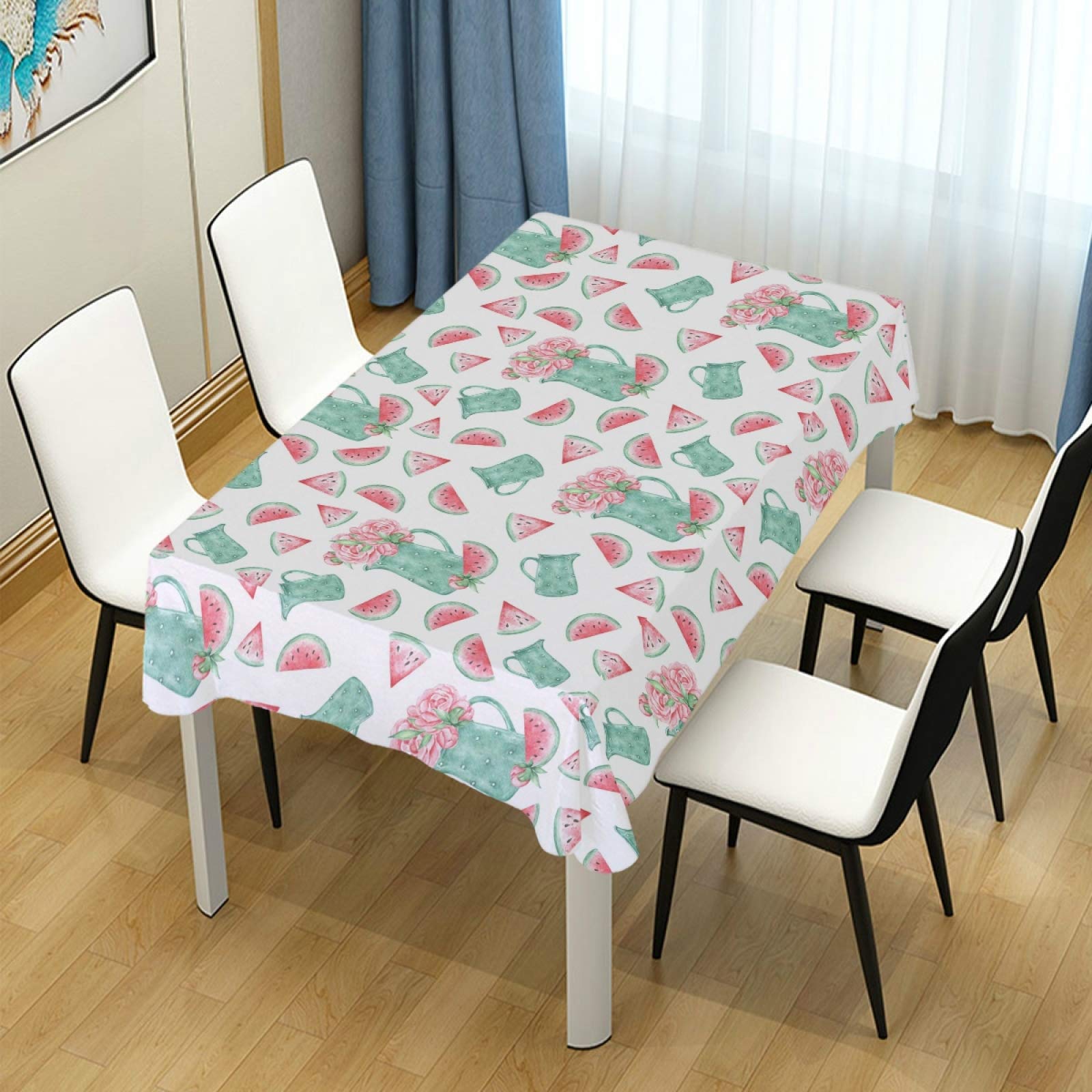 Cartoon Watermelon & Peony Flower Pink Polyester Tablecloth 60x120 Inch - Rectangle Table Cover for Party, Dinner, Wedding & Home Decor - Washable & Wrinkle-Resistant
