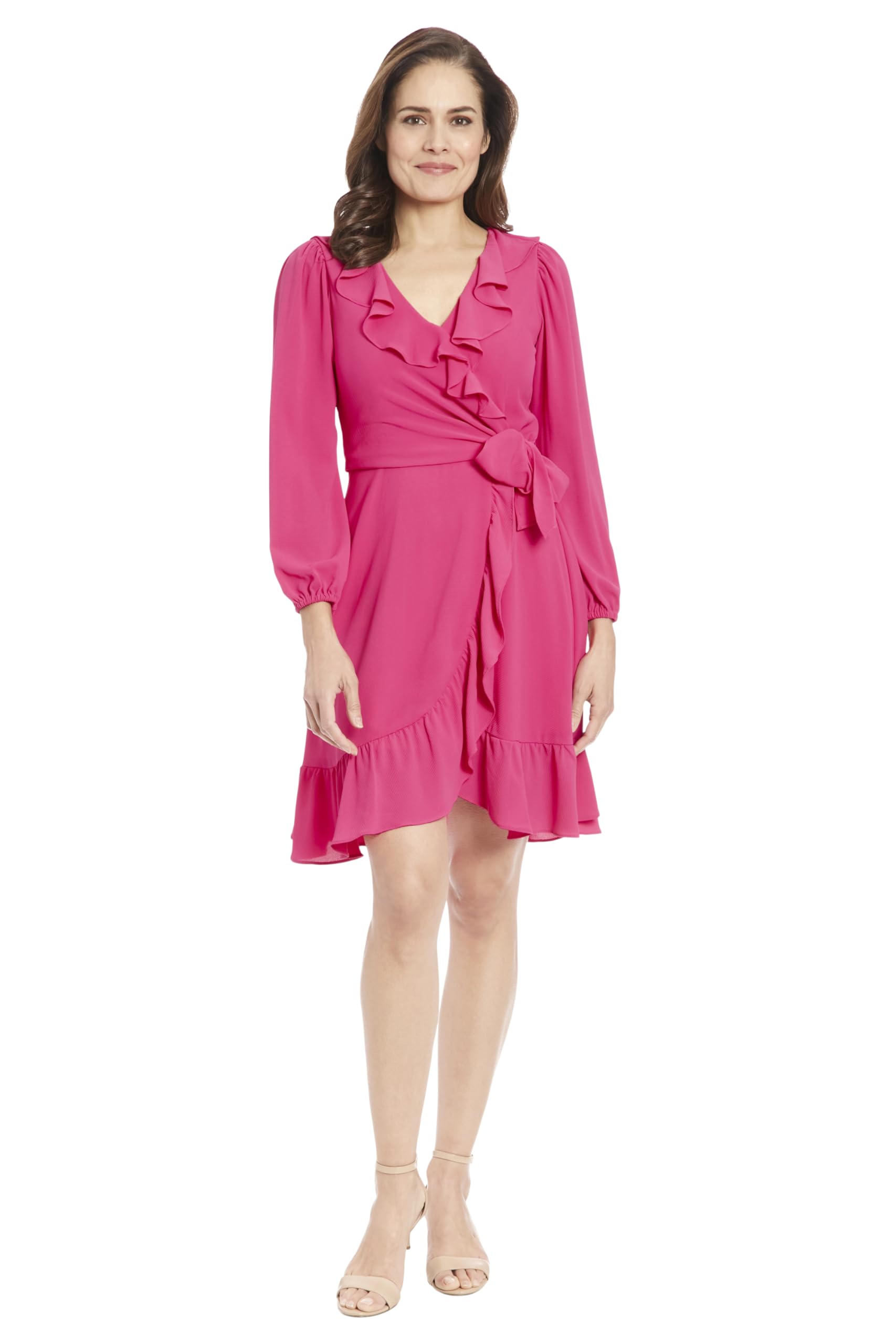 London Times Women's V-Neck Ruffle Detail Long Sleeve Wedding Guest Dress - Elegant Formal Occasion & Evening Party Wear
