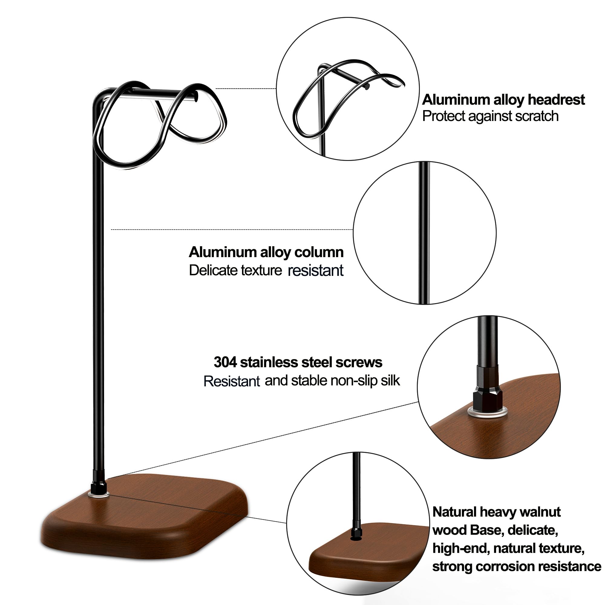 Premium Walnut Wood Headphone Stand with Aluminum Base - Universal Headset Holder for Gaming & Music Headsets - Elegant Desk Organizer for Home & Office Workspace