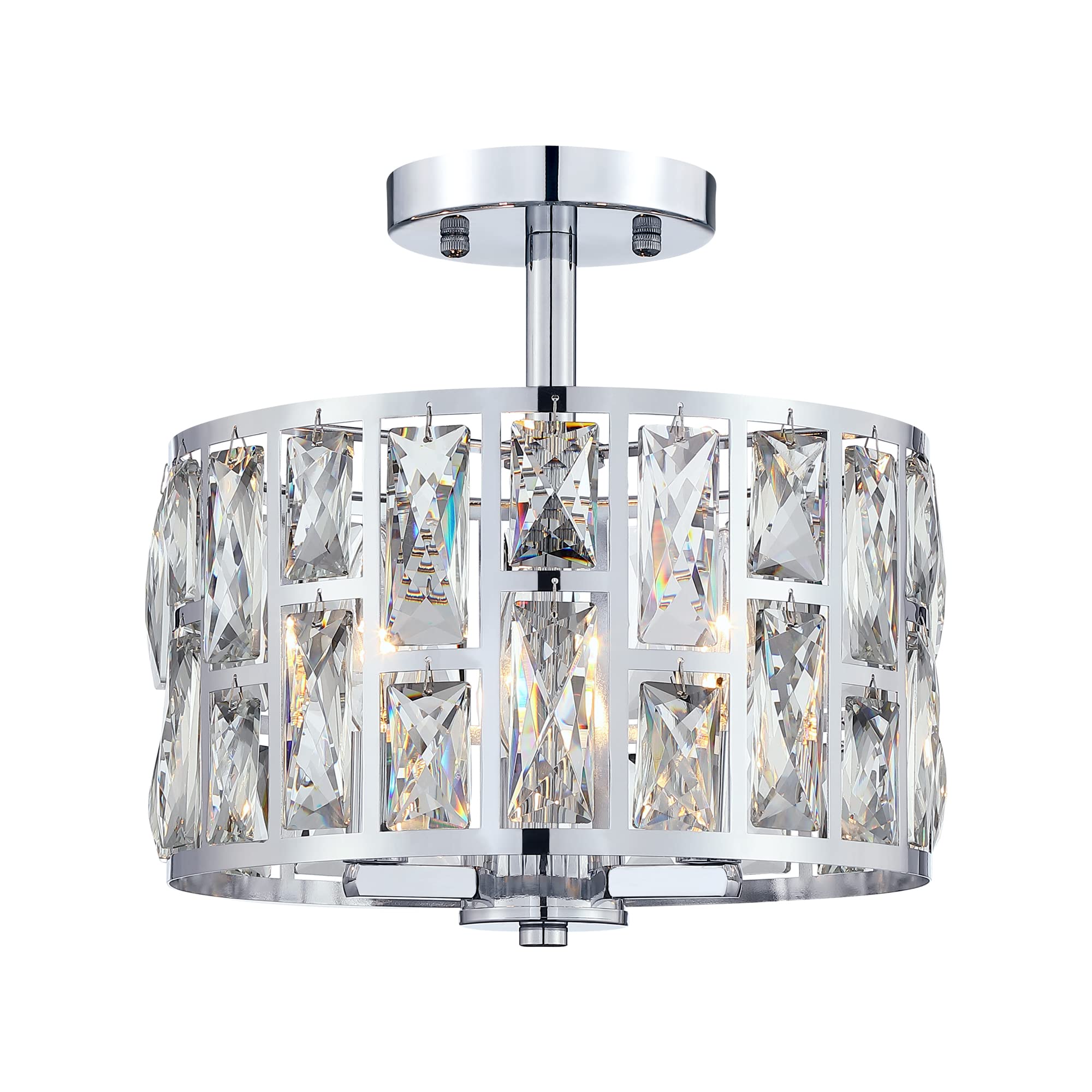 Modern Farmhouse Crystal Round Semi-Flush Mount Ceiling Light Fixture - 3LT Drum Shade Lighting for Kitchen Island, Dining Room & Bedroom | Elegant Ambient Lighting for Home Decor