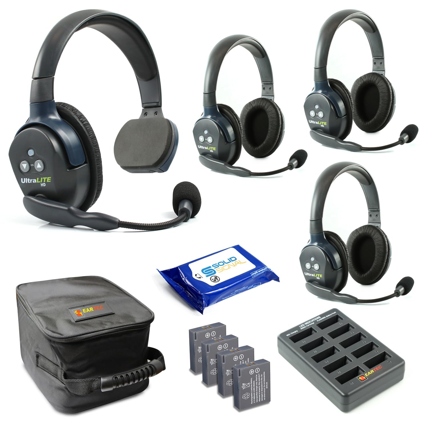 Eartec UL413 Ultralite Full Duplex Wireless Headset System - 4 User Communication (1 Single Ear & 3 Dual Ear Headsets) with SolidSignal Cleaning Wipes - Perfect for Construction, Warehouse, Event Staff & Team Coordination