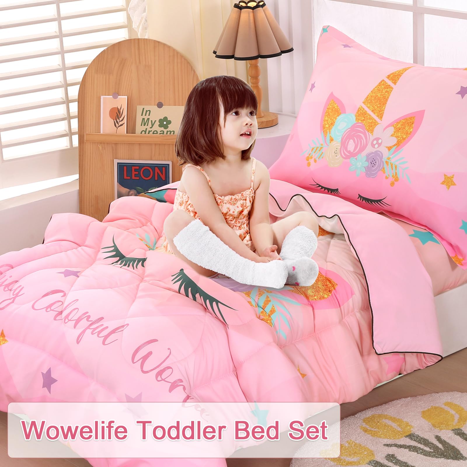 Wowelife Pink Unicorn Toddler Bedding Set - Soft Breathable 4-Piece Comforter Set with Rainbow Design for Kids Bedroom | Includes Comforter, Fitted Sheet, Flat Sheet & Pillowcase | Perfect for Nursery, Daycare or Gift