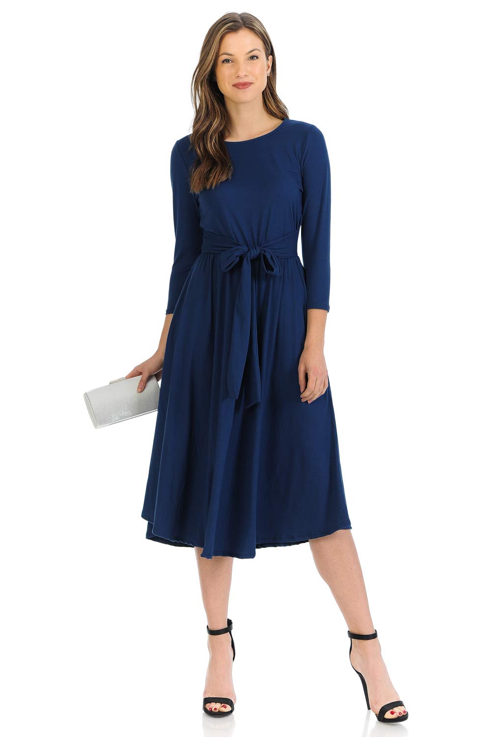 Iconic Luxe Women's A-Line Midi Dress with Waist Tie - Elegant Flowy Fit for Parties, Weddings & Office Wear
