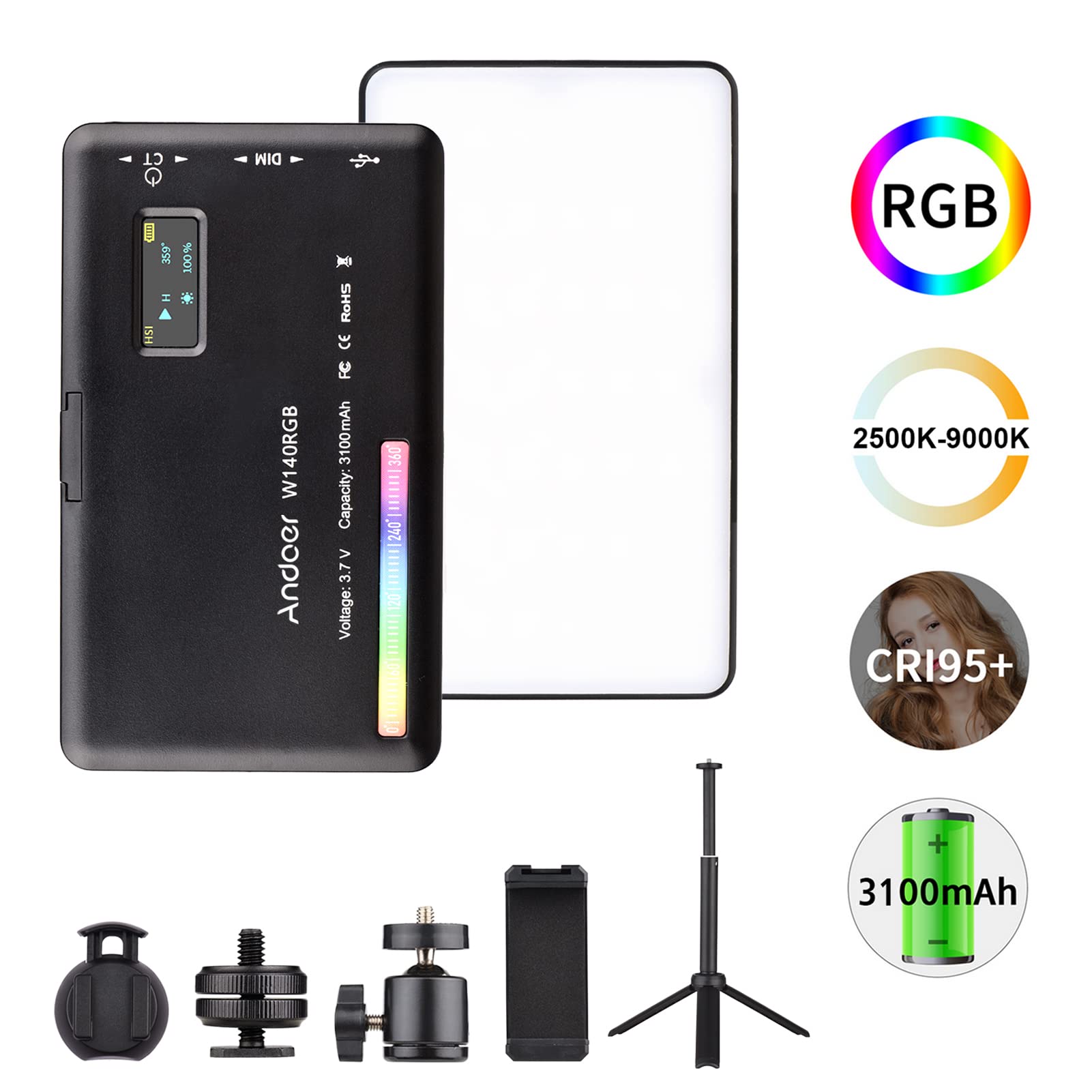Andoer W140 RGB LED Video Light Kit - 2500K-9000K Dimmable CRI95+ Lighting with 20 Effects, Desktop Tripod & Phone Holder for Video Conference, YouTube Streaming, TikTok Videos & Photography