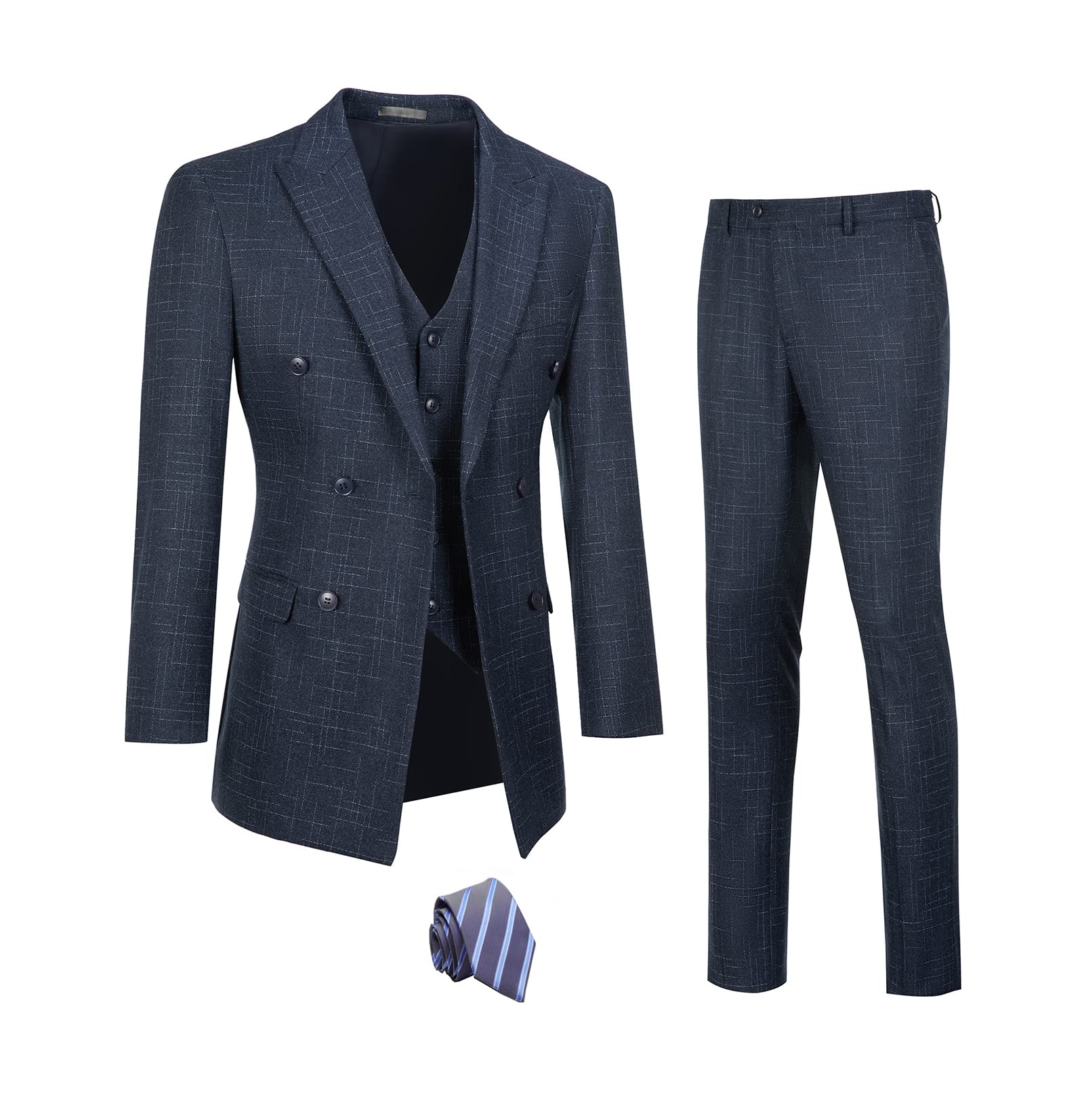 Fesenbo Men's 3-Piece Slim Fit Plaid Tuxedo Suit - Double Breasted Jacket, Vest & Pants with Tie | Formal Wedding, Prom, Business & Evening Events