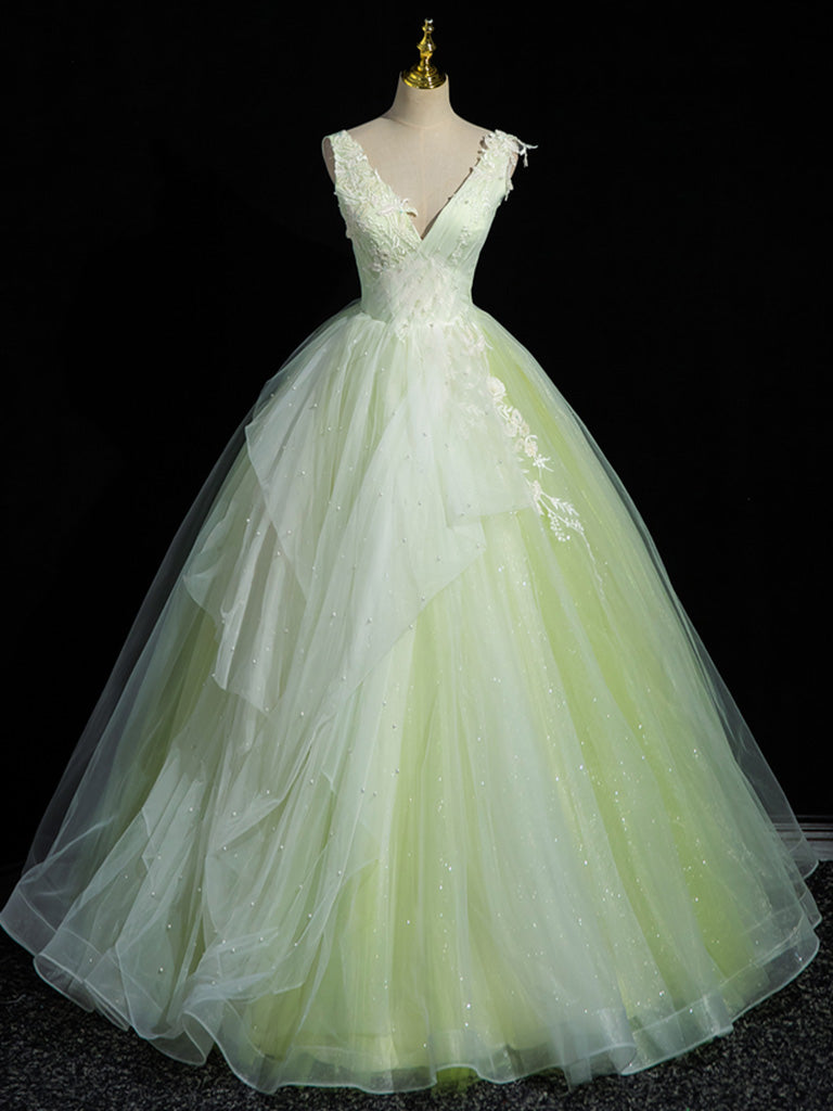 Elegant A-Line V-Neck Lace Tulle Long Prom Dress in Green | Sweet 16 Party Gown | Perfect for Homecoming, Quinceañera & Formal Events