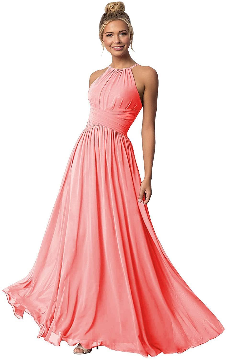 Elegant Women's Halter Bridesmaid Dresses - Sleeveless Chiffon Pleated Long Formal Evening Gowns for Weddings, Prom & Special Occasions
