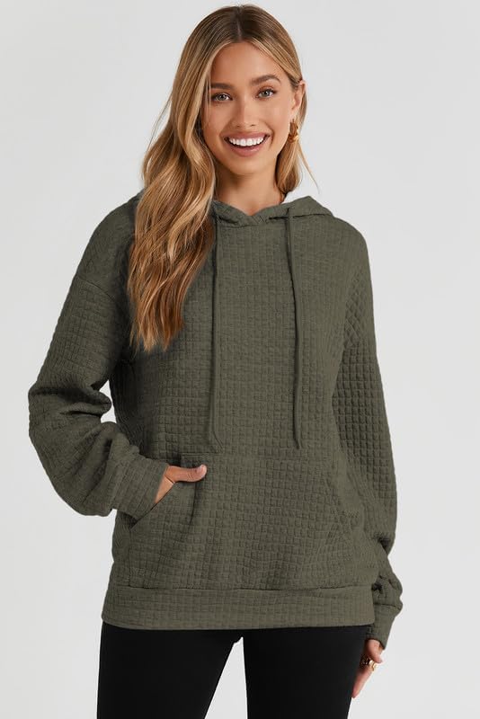 SHEWIN Women's Casual Long Sleeve Waffle Pullover Hoodie with Drawstring & Pocket - Loose Fit Hooded Sweatshirt for Everyday Wear, Lounge & Outdoor Activities
