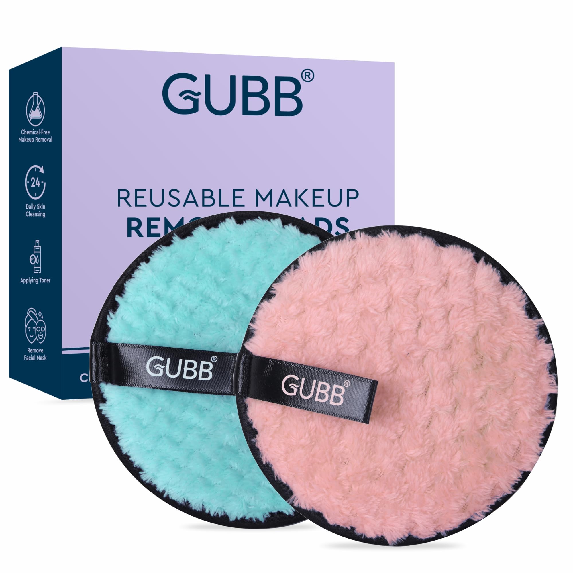 GUBB Reusable Makeup Remover Pads - Soft Double-Sided Microfiber Facial Cleansing Pads for Oily, Dry & Sensitive Skin | Washable Makeup Sponge Towels for Deep Cleansing | Pack of 2 (Purple & Pink) | Perfect for Travel, Daily Skincare & Eco-Friendly Beauty Routine