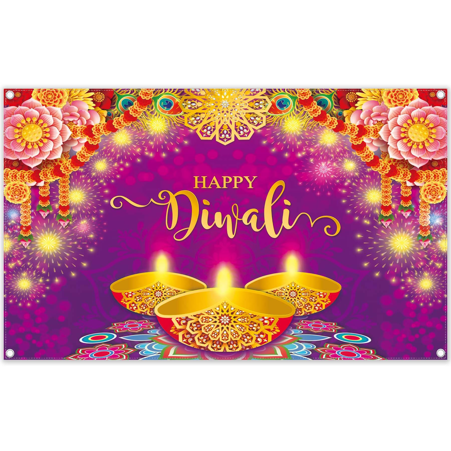 72x43 Inch Purple Diwali Backdrop - Floral Peacock Feather Photography Background for Festival of Lights, Indian Party Decor, Photo Booth Banner - Perfect for Diwali Celebrations, Wedding Decor, and Cultural Events