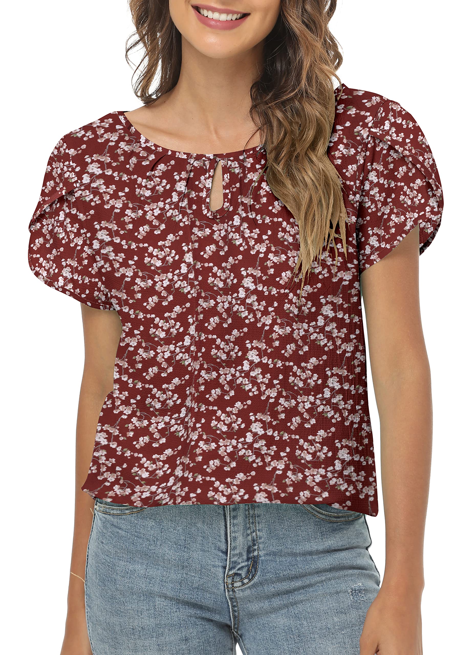 Women's Pleated Cap Sleeve Keyhole Chiffon Blouse - Business Casual Work Tops for Office & Professional Wear | Elegant & Comfortable for Daily Work, Meetings & Special Occasions