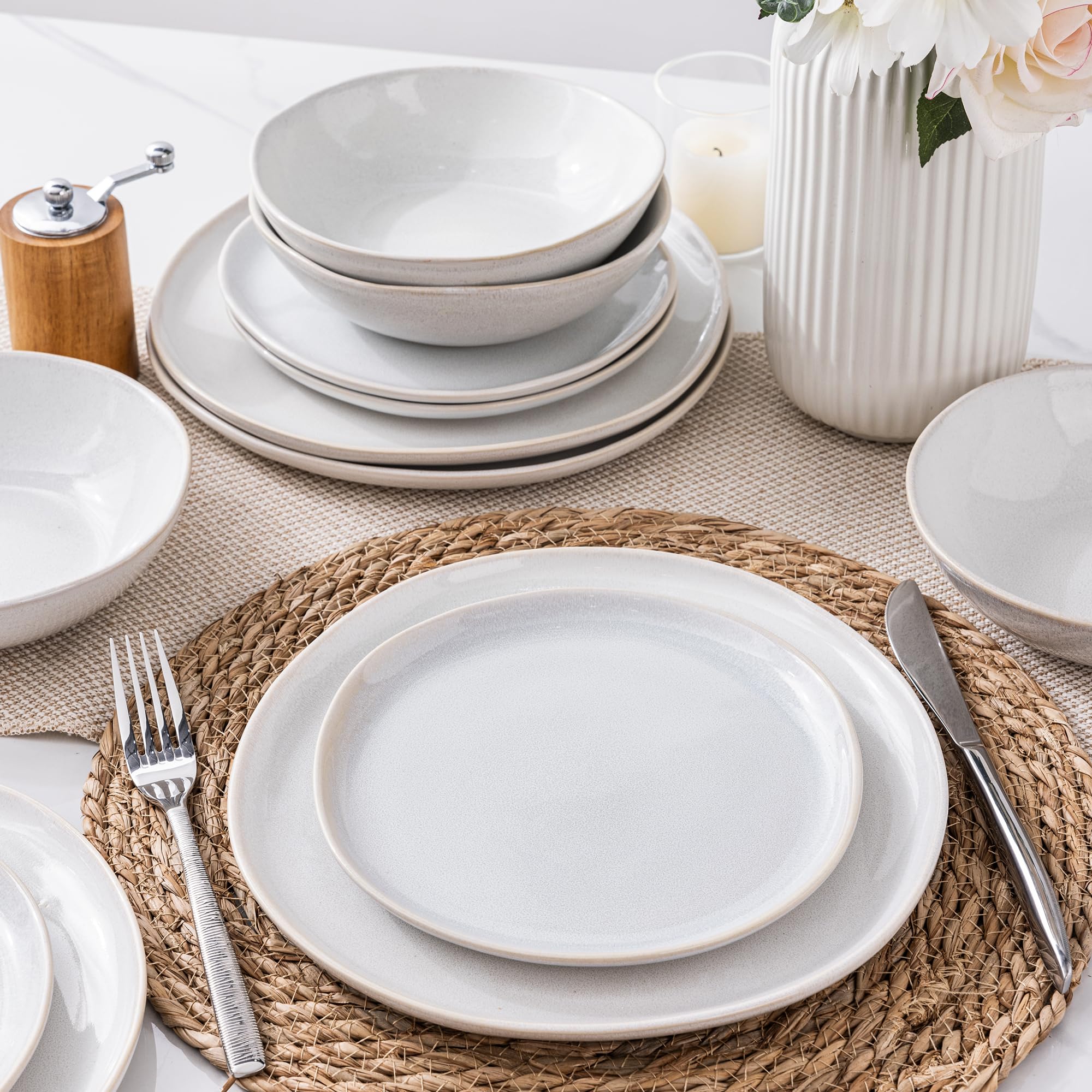 AmorArc Handmade Ceramic Dinnerware Set - 24-Piece Reactive Glaze Plates & Bowls, Chip & Crack Resistant, Dishwasher & Microwave Safe - Perfect for Family Dinners, Entertaining Guests & Everyday Use (Service for 8)