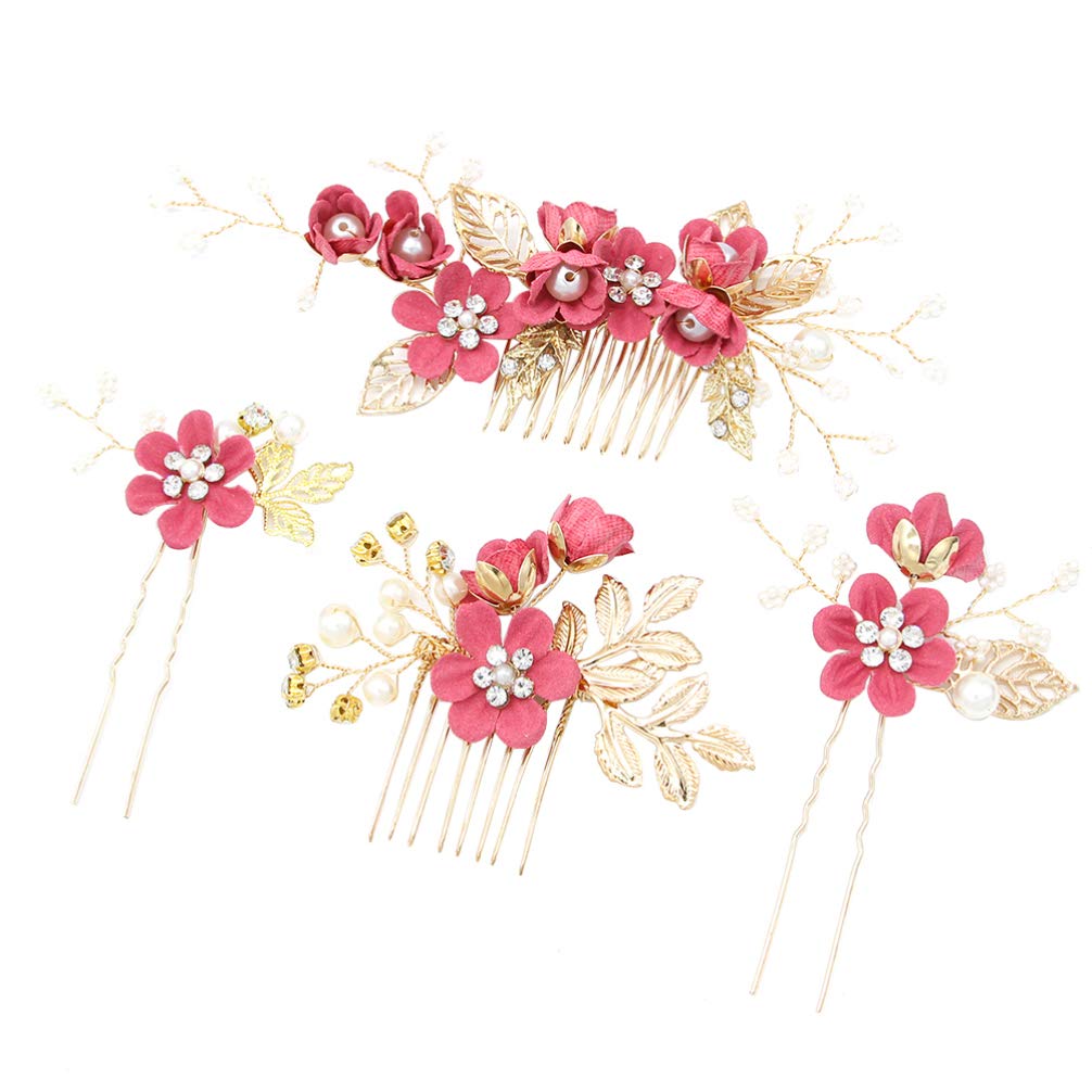 NUOBESTY 4 Pcs Rhinestone Crystal Floral Bridal Hair Clips - Wedding Hair Comb & Hair Pin Set for Brides, Prom, and Formal Events (Rosy)