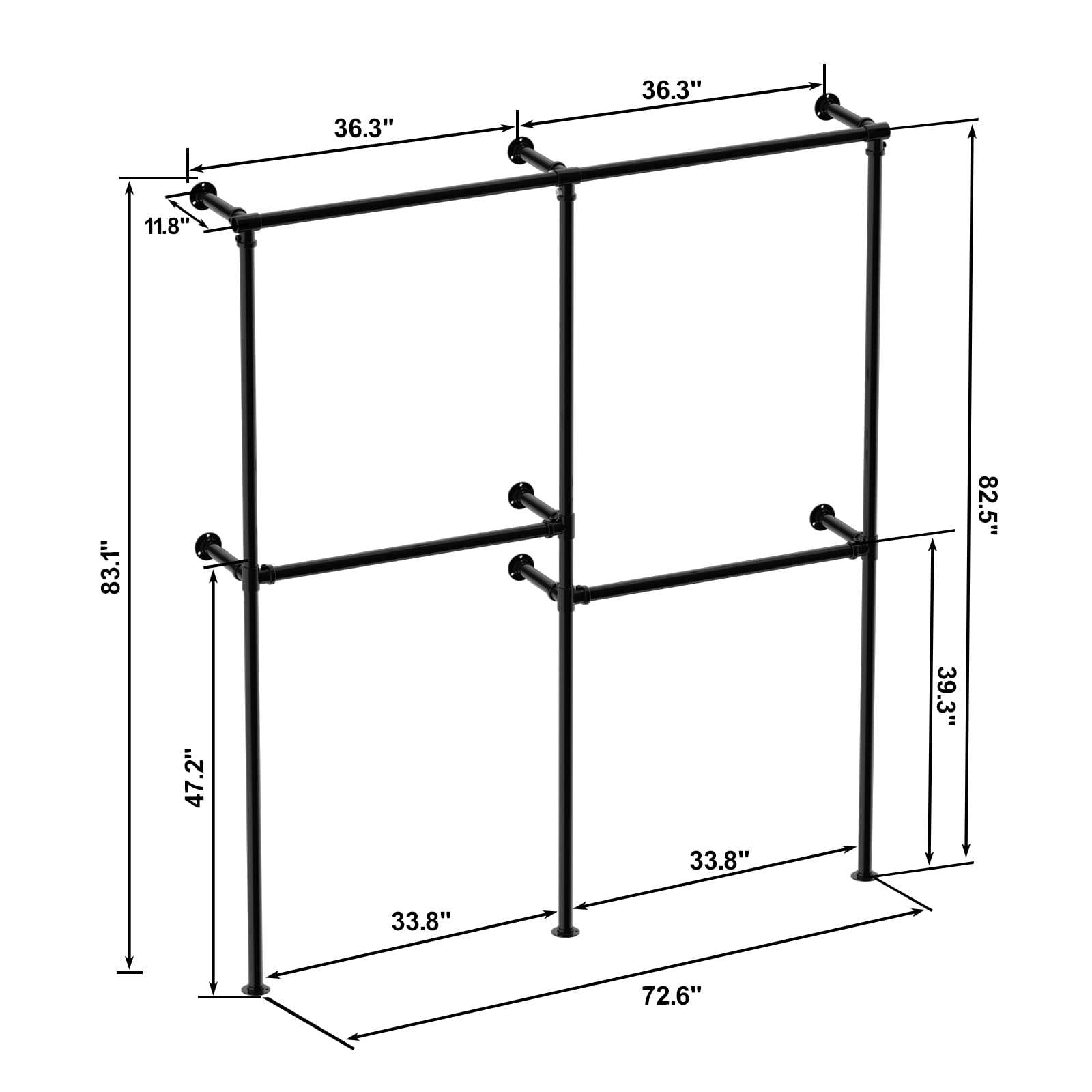 ROOMTEC Heavy-Duty Industrial Pipe Clothing Rack - Wall Mounted Garment Rack with Black Hanging Rod for Retail Display, Closet Storage & Laundry Room Organization | Perfect for Boutiques, Warehouses & Home Closets