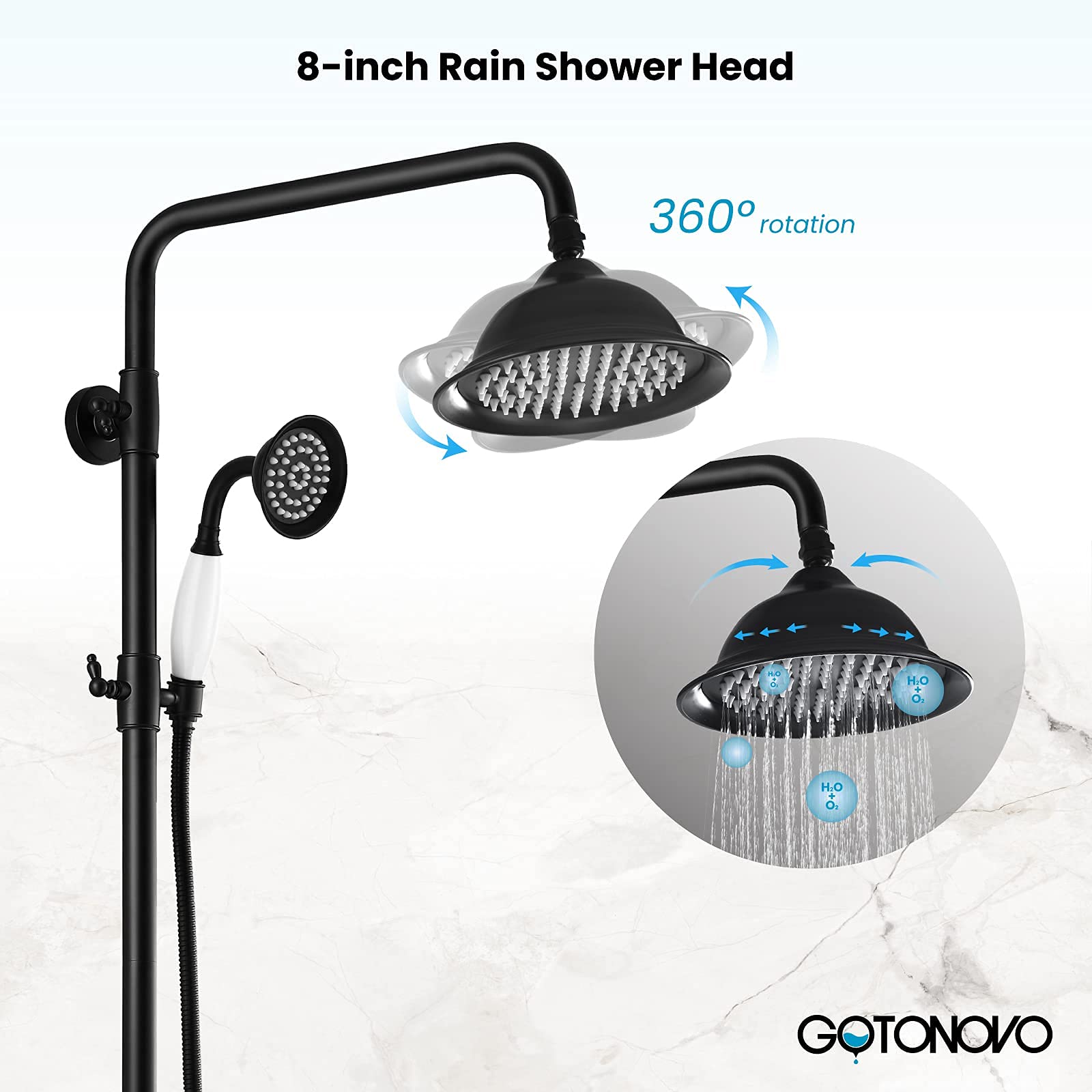 Gotonovo 8 Inch Matte Black Rainfall Shower System - Exposed Wall Mount Shower Faucet with Tub Spout, Handheld Spray & Double Cross Handles - Perfect for Bathroom, Outdoor & Modern Home Renovation
