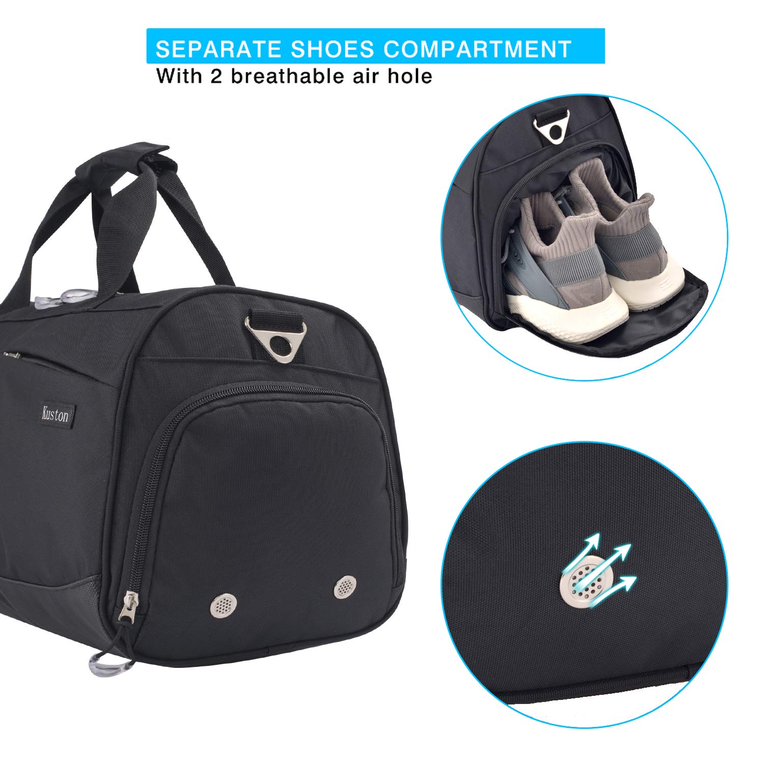 **Kuston Sports Gym Bag with Shoes Compartment & Wet Pocket - Durable Gym Duffel Bag for Men & Women - Perfect for Workout, Travel & Overnight Trips - Black**